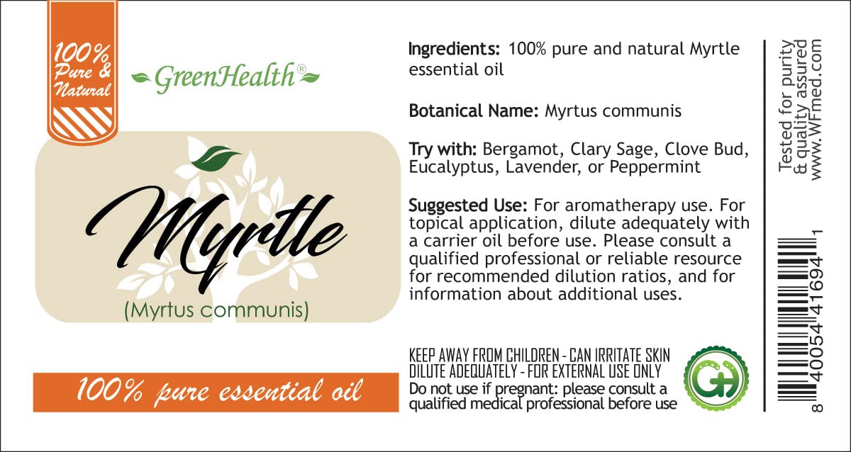 100% Pure Myrtle Essential Oil from Morocco - 1 fl oz (30 ml) Glass Bottle - Aromatherapy, Diffuser & Massage Oil - GreenHealth Brand - Perfect for Relaxation, Stress Relief & Skin Care