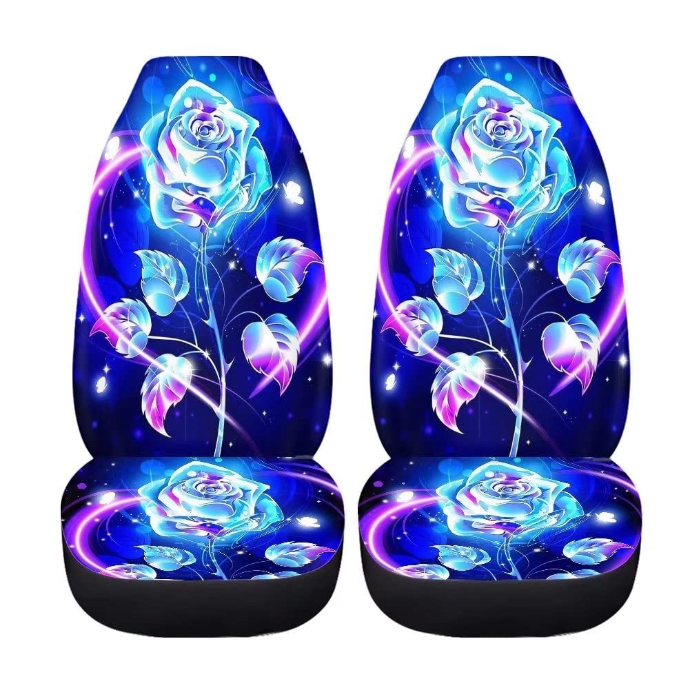BIGCARJOB Blue Neon Rose Design Car Seat Covers Full Set - 2 Pack Floral Auto Front Seat Protectors for Women & Girls | Waterproof & Non-Slip Vehicle Interior Accessories | Perfect for Daily Commute, Road Trips & Car Decor