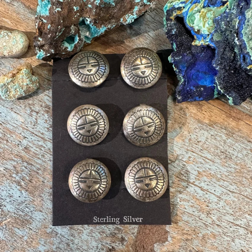 Authentic Sterling Silver Zuni Sun God Button Covers - Set of 6 Handcrafted Native American Jewelry for Western Wear & Boho Fashion | Perfect for Shirts, Jackets, and Denim Accessories