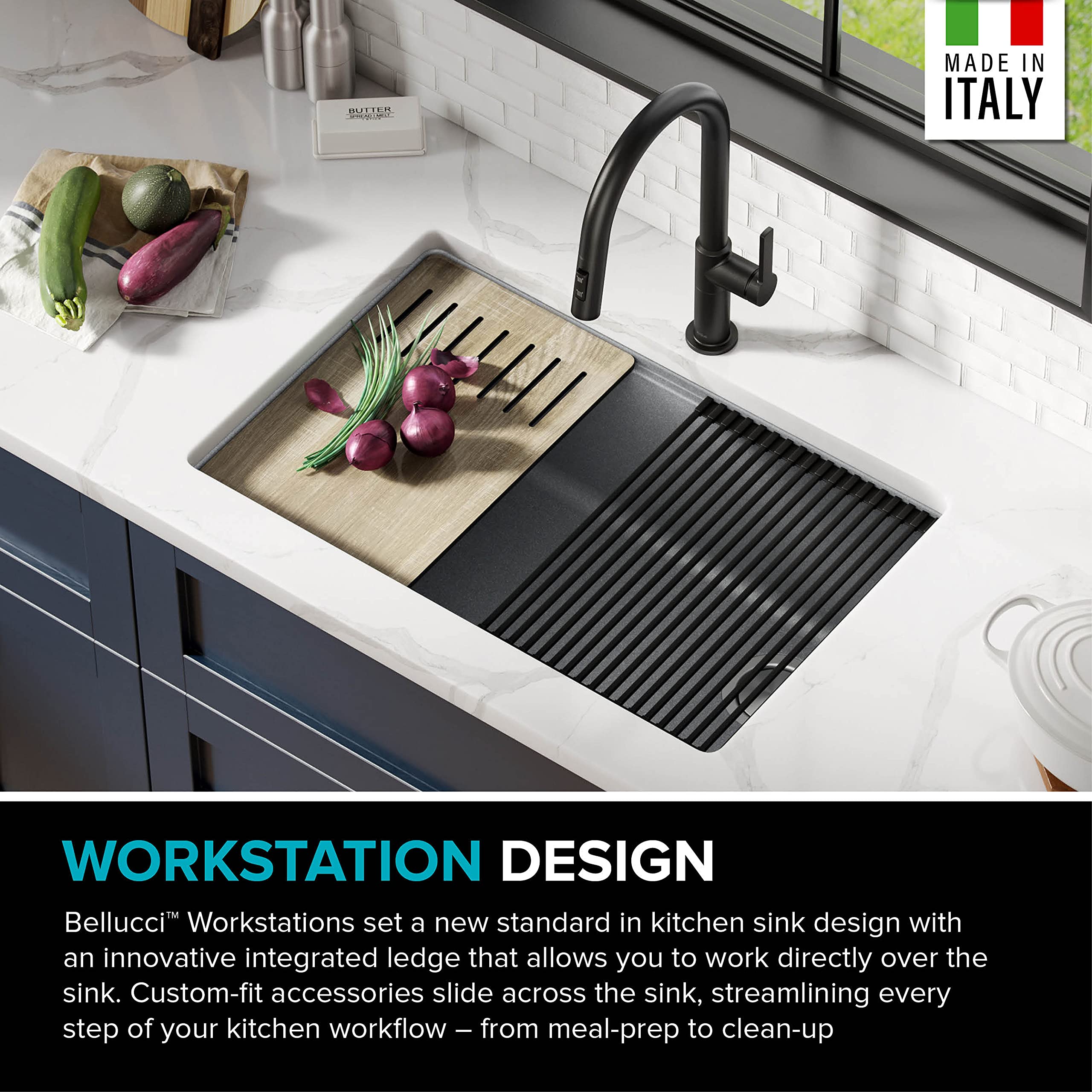 KRAUS Bellucci 30-Inch Undermount Workstation Granite Composite Kitchen Sink in Metallic Gray with Accessories (Model KGUW2-30MGR) - Perfect for Modern Kitchens, Food Prep, and Dishwashing