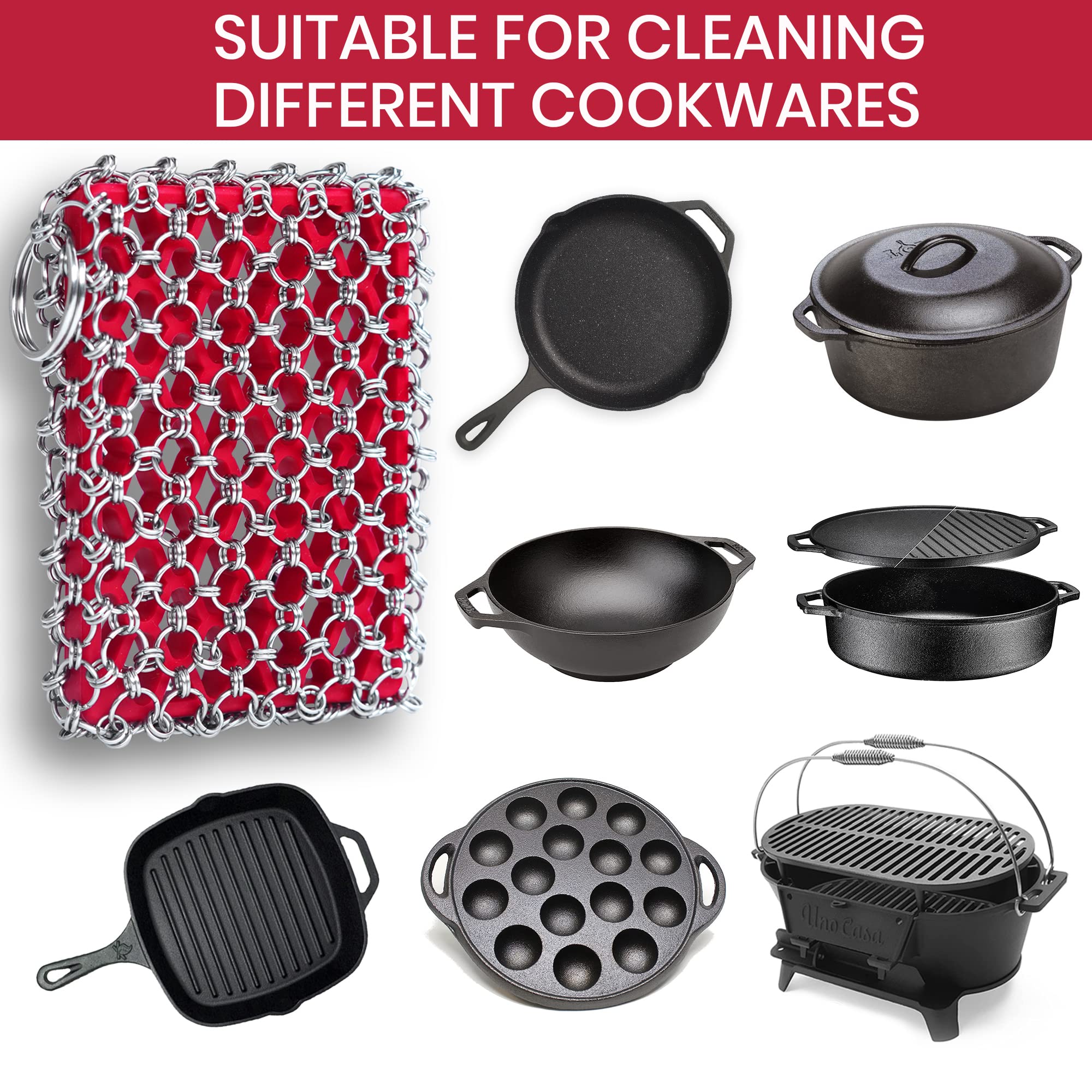 316 Stainless Steel Cast Iron Scrubber Kit with Pan Scraper & Silicone Sponge - Heavy Duty Chainmail Skillet Cleaner for Cast Iron Pans - Dishwasher Safe - Perfect for Camping, Outdoor Cooking & Kitchen Cleaning