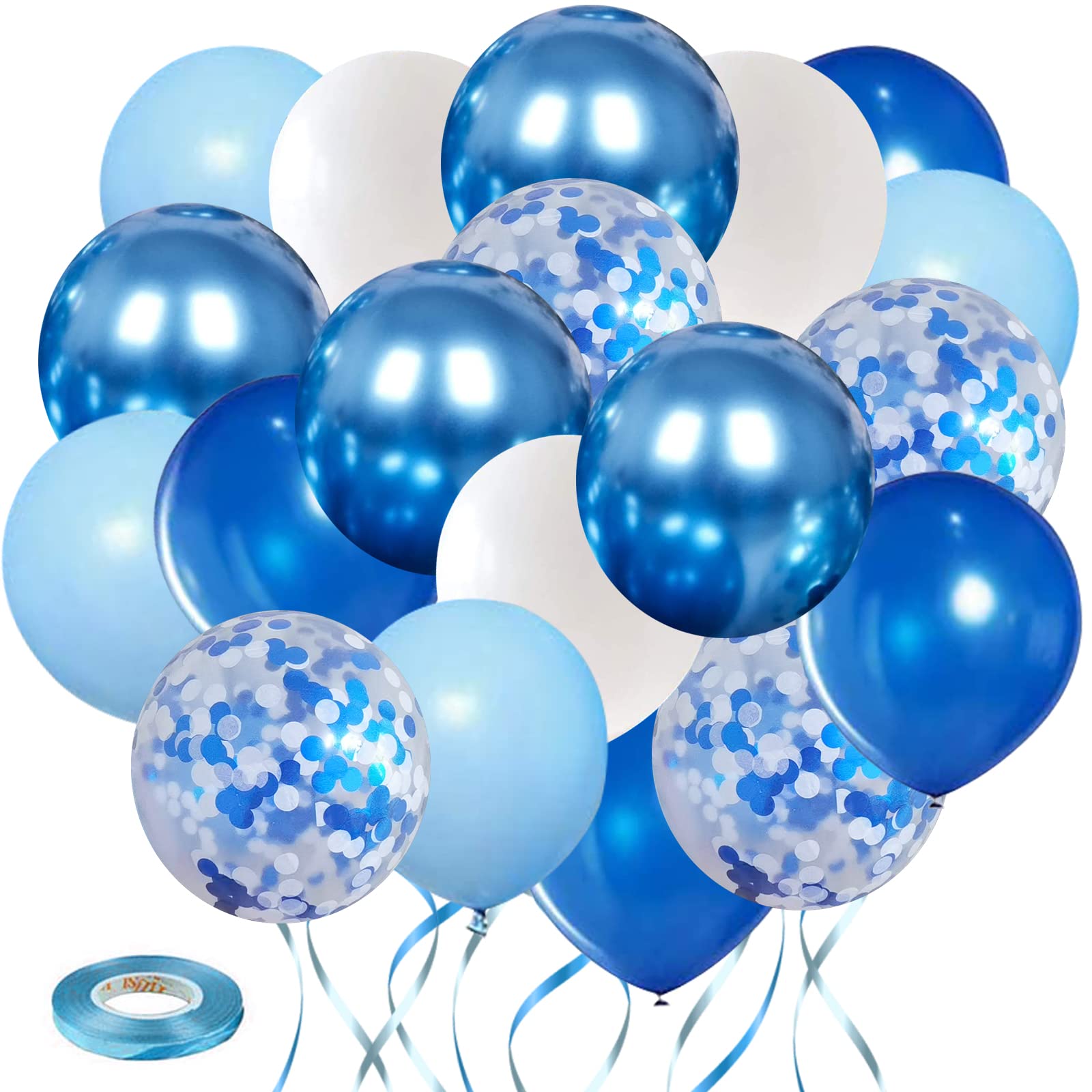 Royal Blue White Confetti Balloons 60 Pack - 12 Inch Light Blue, Metallic Blue & Baby Blue Party Balloons for Birthday, Baby Shower, Graduation Decorations - Perfect for Indoor & Outdoor Celebrations