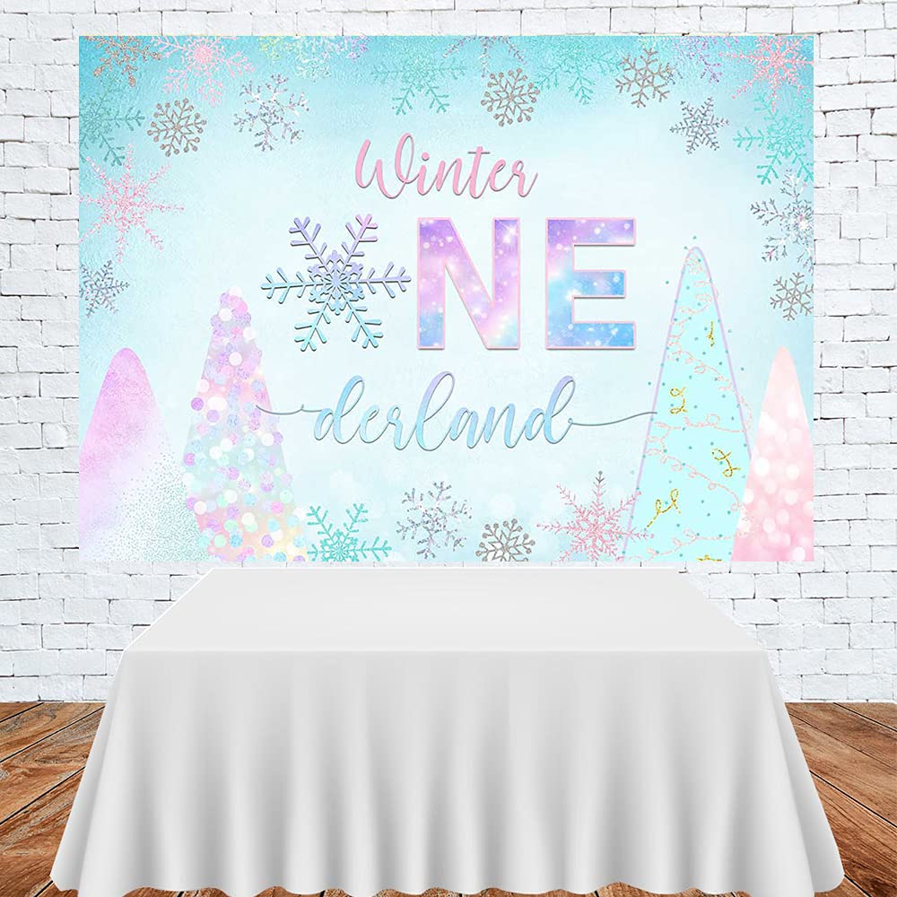Lofaris Winter Onederland Backdrop - Pink Silver Blue Snowflake Photography Background for Baby Girl's 1st Birthday Party Decor (7x5ft) | Perfect for Cake Table, Photo Booth, Studio Props & Wonderland-Themed Celebrations
