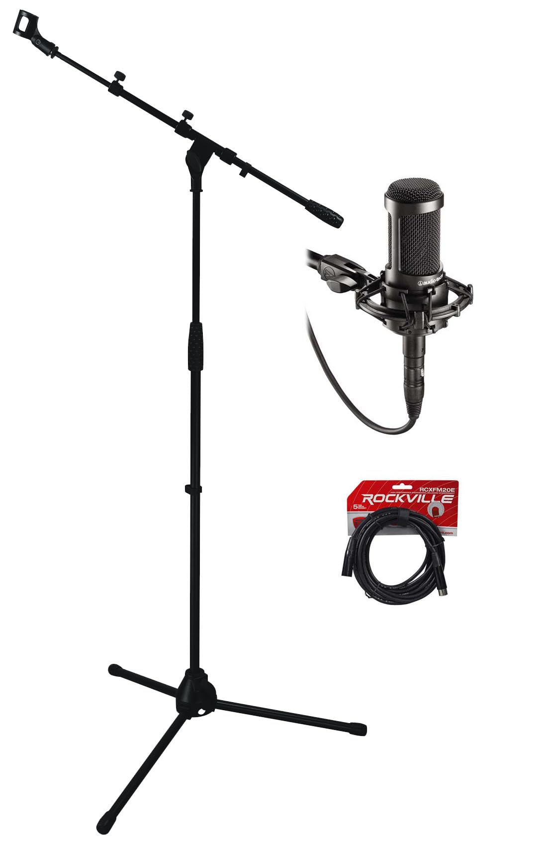 Audio-Technica AT2035 Cardioid Condenser Microphone with Case Bundle - Professional Studio Mic for Recording, Podcasting & Streaming - Includes 20ft XLR Cable & Adjustable Boom Mic Stand (Rockville RCXFM20E-B + RVMIC1) - Perfect for Home Studios, Voice Overs & Live Performances