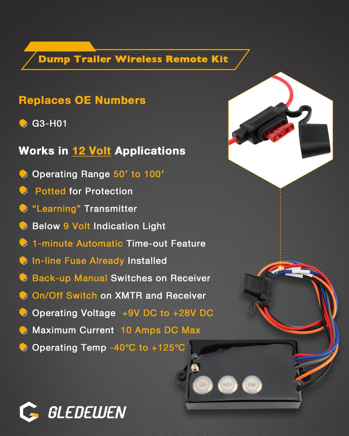 Gledewen Wireless Dump Trailer Remote Control Kit - 12V Hydraulic Lift Winch Tilt Controller with 50-100ft Range (Model G3-H01) - Perfect for Dump Trailers, Construction Equipment, and Heavy-Duty Towing Applications