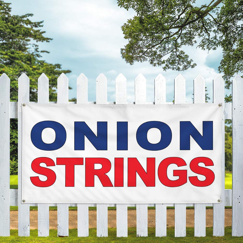 Vinyl Banner - 36x72 Inches, Weatherproof Outdoor Sign with 6 Grommets for Restaurants, Food Trucks & Industrial Use - Blue & Red Onion Strings Design