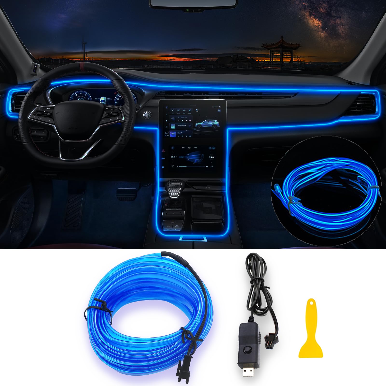 EL Wire Car LED Lights - 16.5FT USB Interior Car Ambient Lighting Strip with Switch & 8 Flashing Modes - Blue Under Dash Neon Glow Lights for Car Interior Decoration (Perfect for Night Driving, Car Shows & Vehicle Customization)