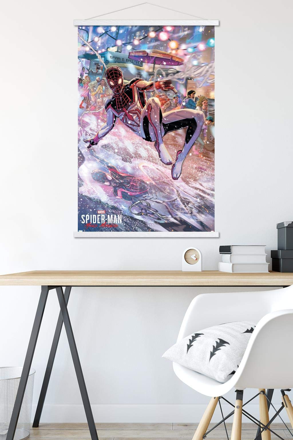 Trends International Marvel Spider-Man: Miles Morales-Javier Garron Wall Poster with Magnetic Frame - 22.375 x 34 Inches Premium Print & White Hanger Bundle - Perfect for Home Decor, Office, Bedroom, and Gifts for Marvel Fans