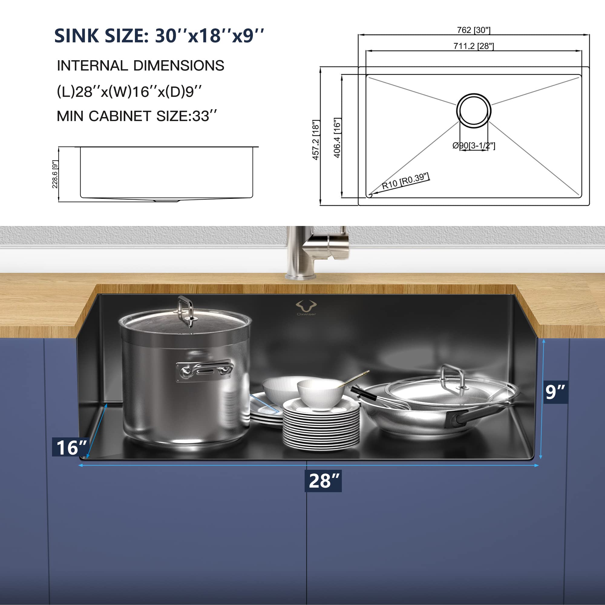 30x18 Inch Undermount Single Bowl Kitchen Sink - 16 Gauge Stainless Steel with Gun Metal Black Finish & Accessories - Perfect for Modern Kitchens, Restaurant Prep Areas & RV Camping