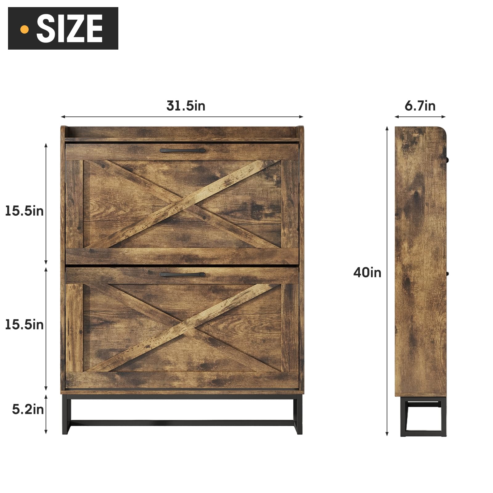 Maupvit Narrow Shoe Cabinet with 2 Flip Drawers - Slim Entryway Shoe Storage Organizer with Metal Legs | Farmhouse Style Free Standing Shoe Rack for Hallway, Closet & Small Spaces