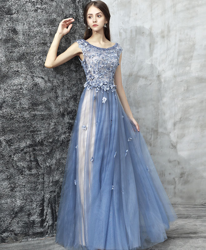Elegant Blue Lace Applique Beads Tulle Long Prom Dress - Lace Evening Gown for Formal Events, Homecoming, Wedding Guest & Special Occasions