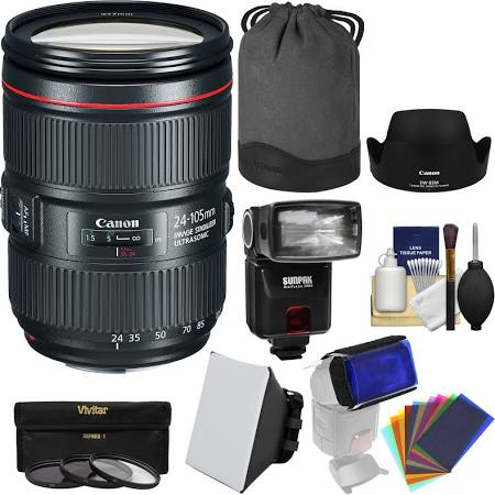 Canon EF 24-105mm f/4L IS II USM Zoom Lens Kit with 3 Filters (UV/CPL/ND8), Flash, Gel Diffusers & Softbox - Perfect for Portrait, Wedding & Travel Photography