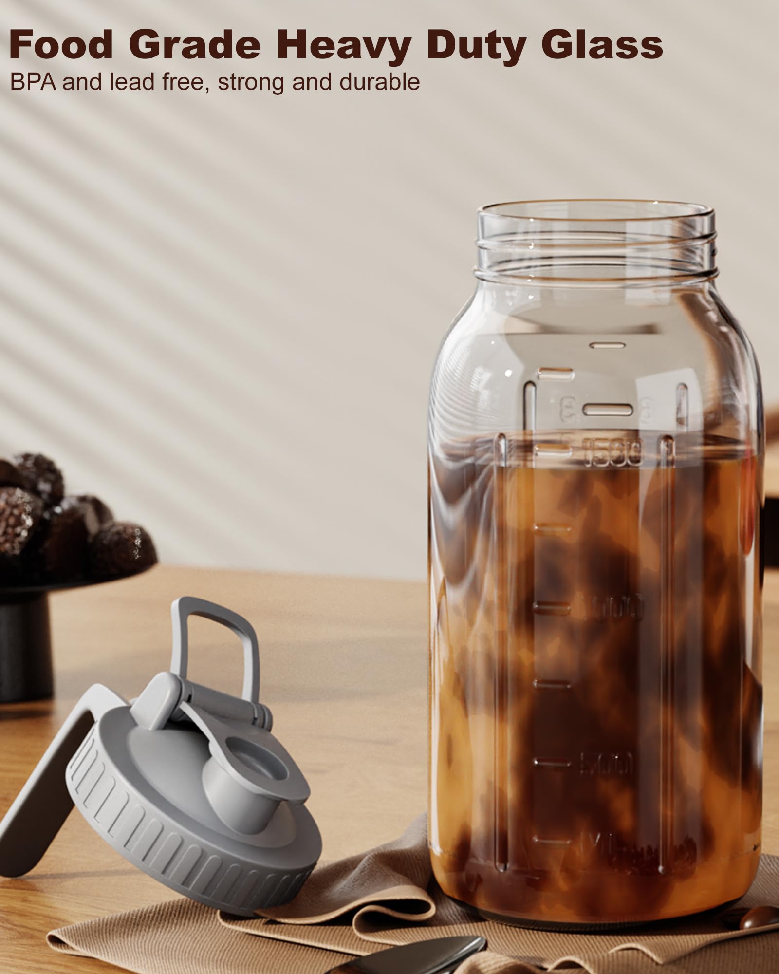 Premium 64oz Cold Brew Coffee Maker with 304 Stainless Steel Filter - Iced Coffee Pitcher with Lid & Spout - Large Mason Jar Design (Grey) - Perfect for Home, Office & Outdoor Use