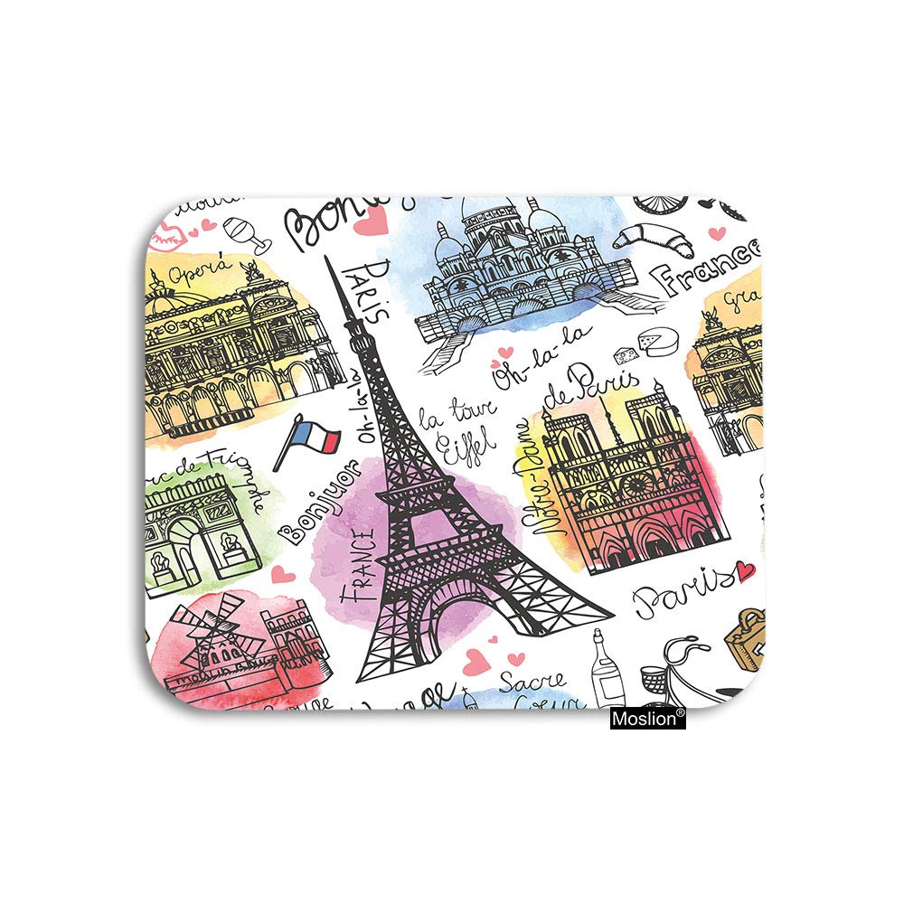 Paris Themed Mouse Pad - Eiffel Tower, France Landmark & Bonjour Doodle Design with Hearts & Bikes - Large 7.9x9.5 Inch Non-Slip Rubber Gaming Mousepad for Computer, Laptop, Office & Home Desk (Perfect for Work, Gaming & French Decor Enthusiasts)