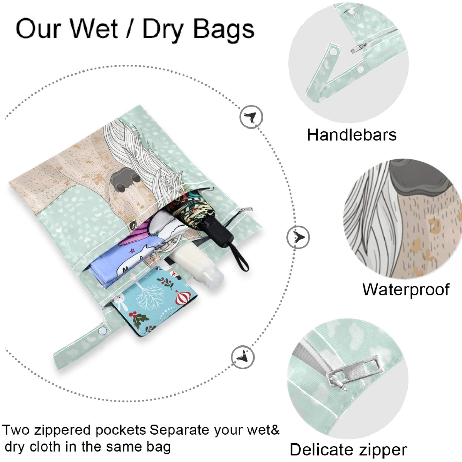 Visesunny 2-Pack Cute Horse with Wreath Floral Wet Bags - Washable Reusable Zippered Pockets for Travel, Beach, Pool, Daycare | Perfect for Stroller, Diapers, Gym Clothes, Swimsuits & Toiletries Storage | Waterproof Organizer for Sports, Baby Essentials & Wet Items