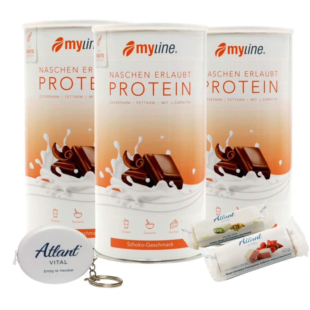 Myline Protein Shake Powder - 3 Pack with Atlant Vital Tape Measure & 2 Chocolate Protein Bars | Post-Workout Recovery, Muscle Building, Fitness Nutrition for Athletes & Bodybuilders