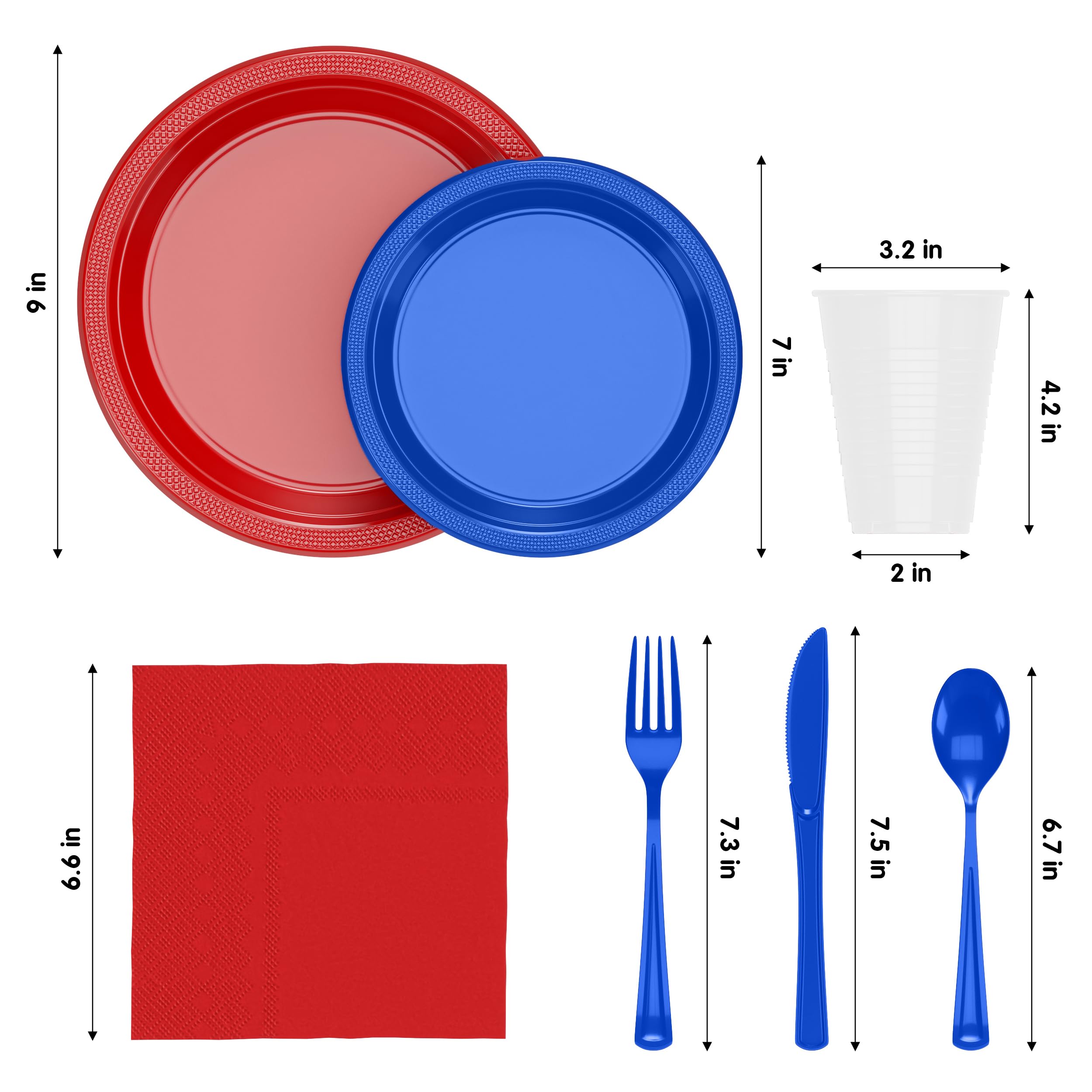 4th of July Party Supplies Set - 350 Pcs Red White & Blue Patriotic Dinnerware Kit with 9
