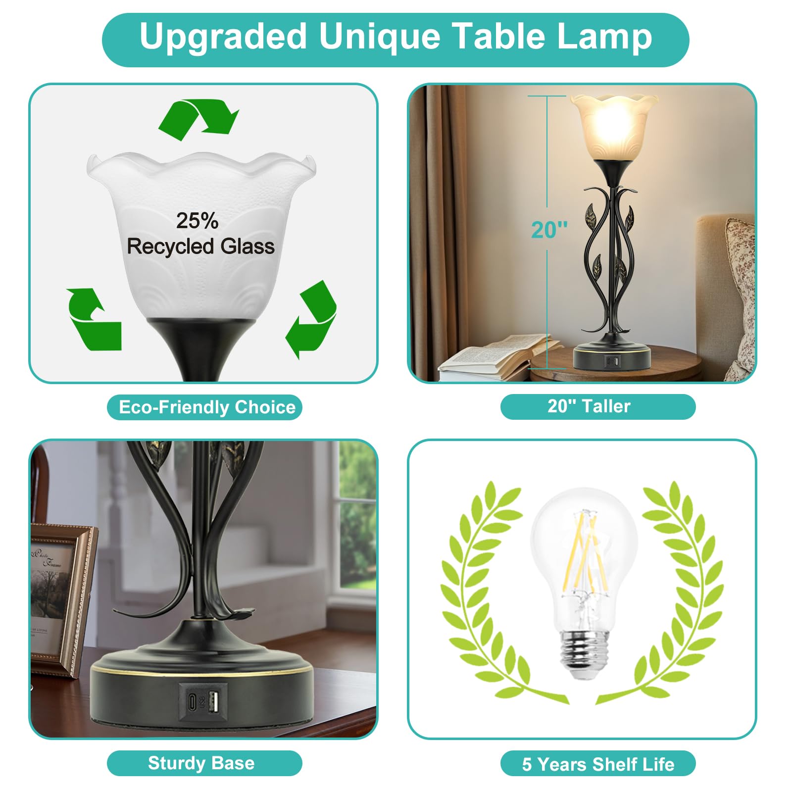 2 Pack Bedside Lamps with USB Port - 3-Way Dimmable Touch Control Table Lamps, Rustic Vine Leaf & Glass Flower Shade Nightstand Lighting for Bedroom, Living Room, Office - Perfect for Reading, Relaxation & Home Decor