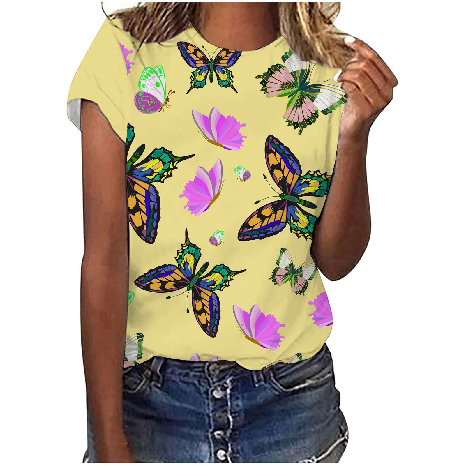 Women's Summer Tops & Blouses - Short Sleeve Boho Butterfly Print Round Neck Loose Fit Casual Tee Shirts & Tunics for Beach, Vacation & Everyday Wear