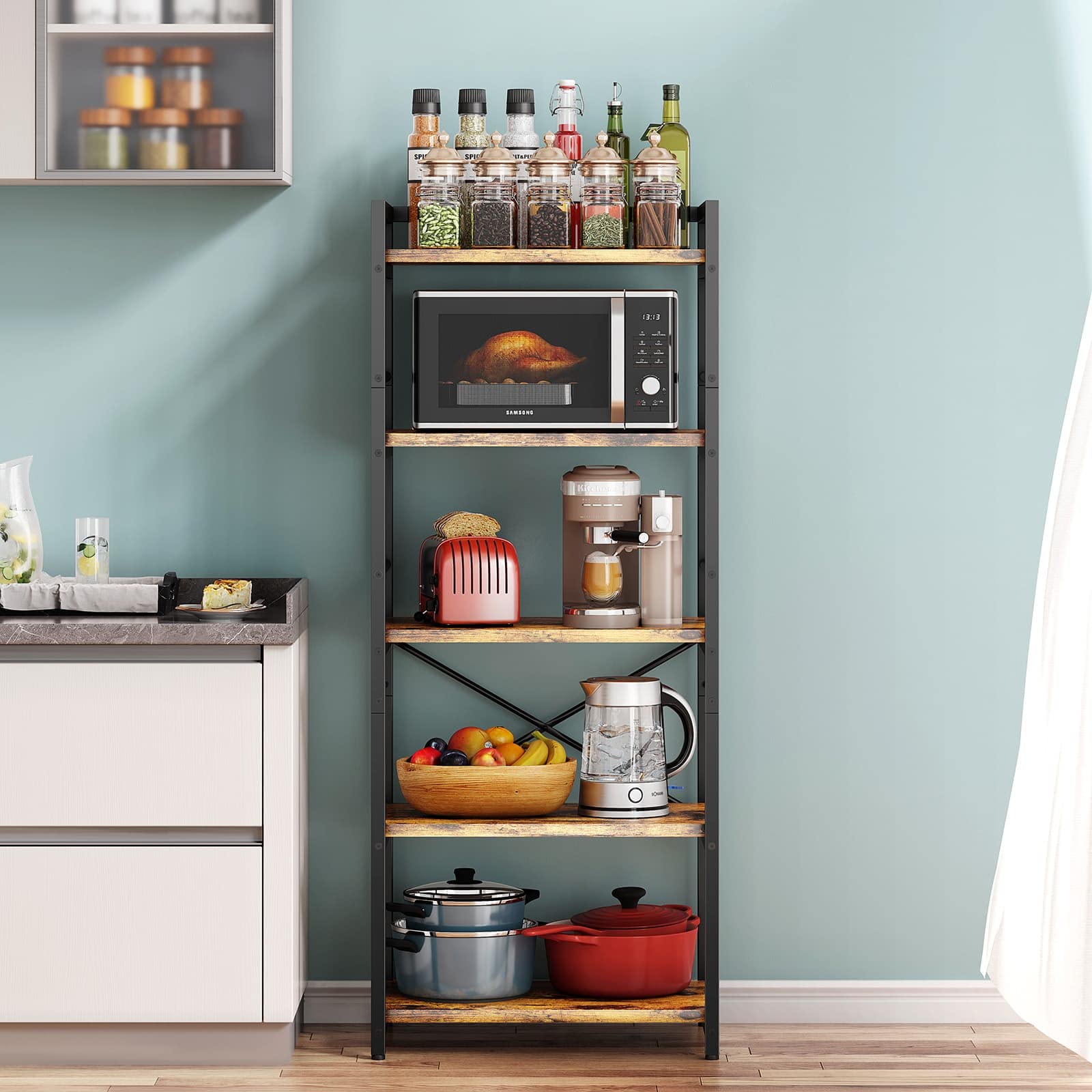 5-Tier Metal Bakers Rack for Kitchen Storage - Industrial Microwave Stand, Coffee Bar Organizer, Space-Saving Kitchen Shelf (23.6