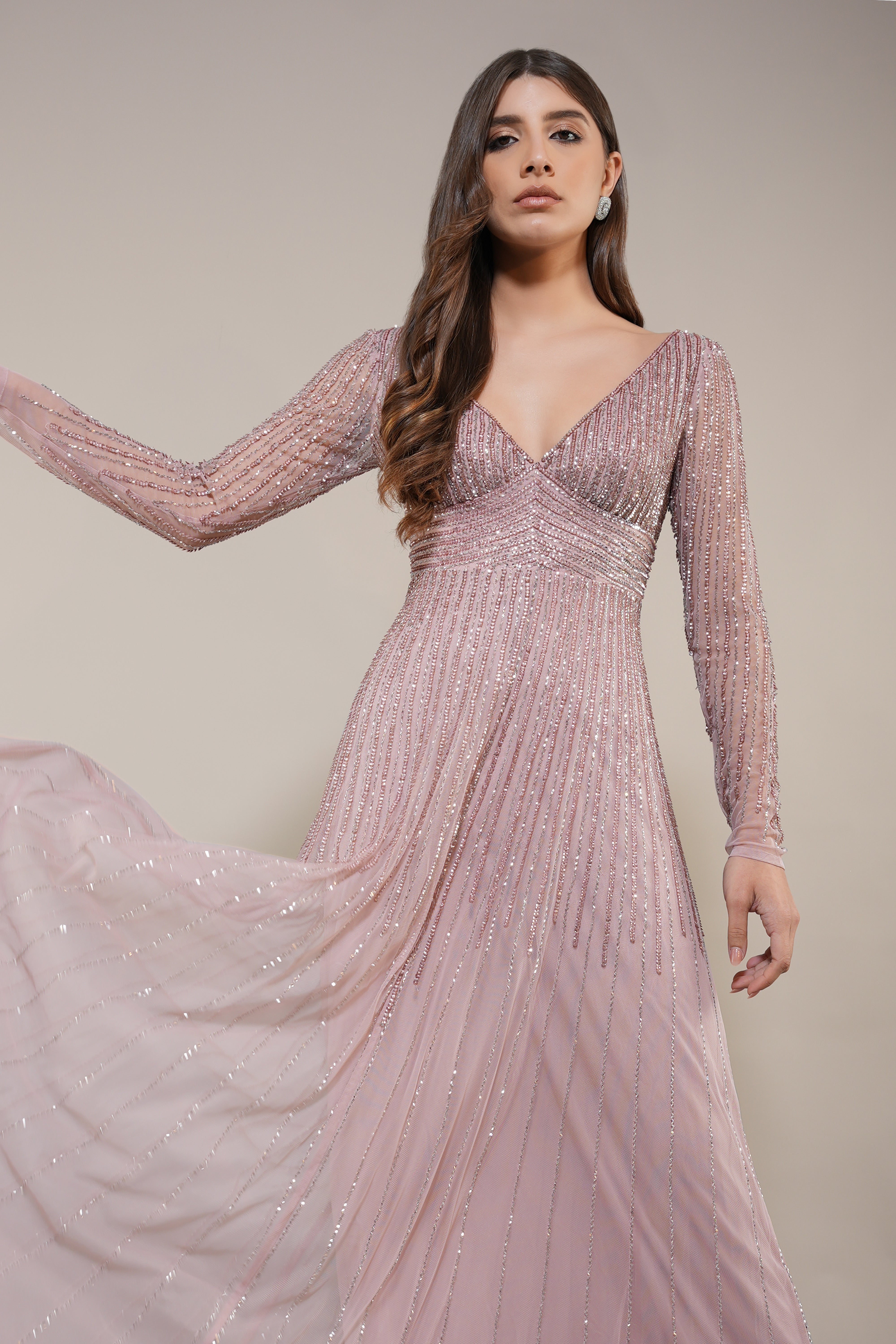 Laura Embellished Maxi Dress in Blush Pink | Elegant Floral Lace Wedding Guest Dress | Perfect for Bridal Shower, Evening Party & Special Occasions