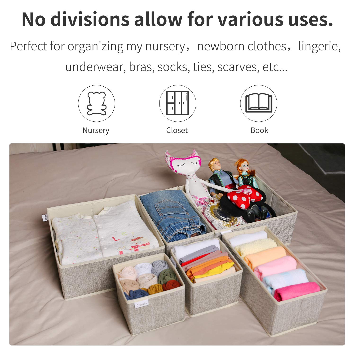 Criusia 6-Piece Foldable Underwear Drawer Organizer Set - Closet Dividers & Storage Bins for Clothes, Socks, Bras, Panties (Beige) | Perfect for Bedroom, Dresser & Closet Organization