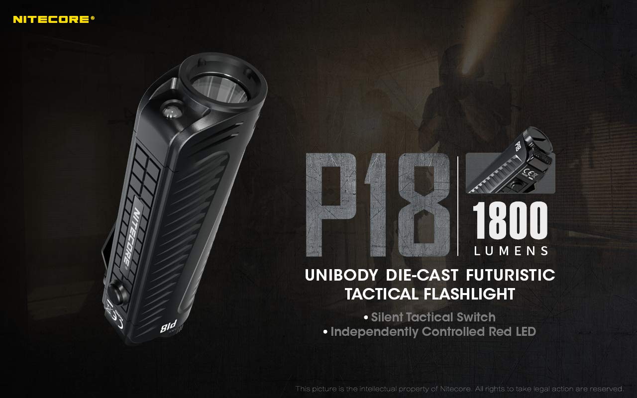 Nitecore P18 1800 Lumen Tactical Flashlight with Red LED - Rechargeable, Compact & Silent Switch - Perfect for Camping, Hiking, Emergency & Outdoor Adventures