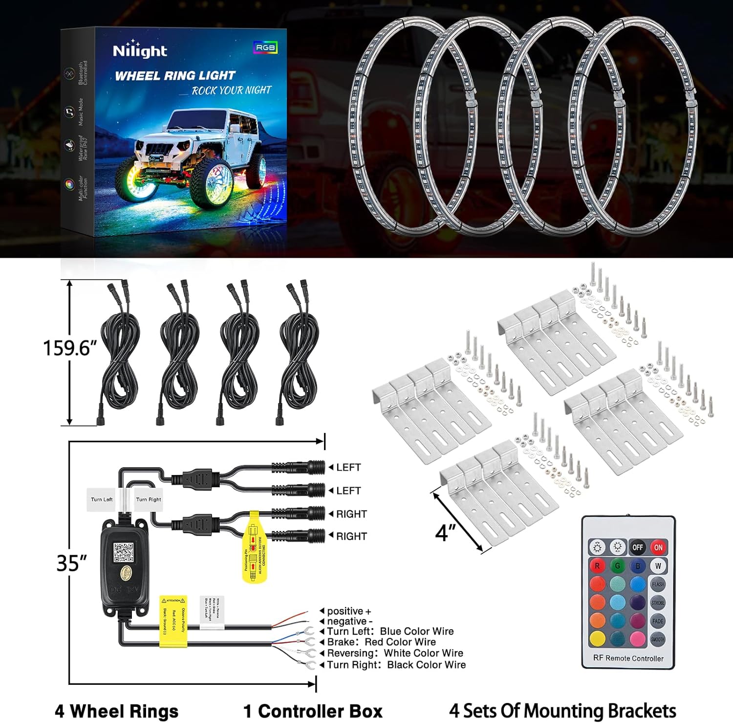 15.5 Inch LED Wheel Ring Lights - Double Row RGB with APP Remote Control (4 Pack) - Perfect for Car Customization, Off-Road Vehicles & Motorcycle Accessories