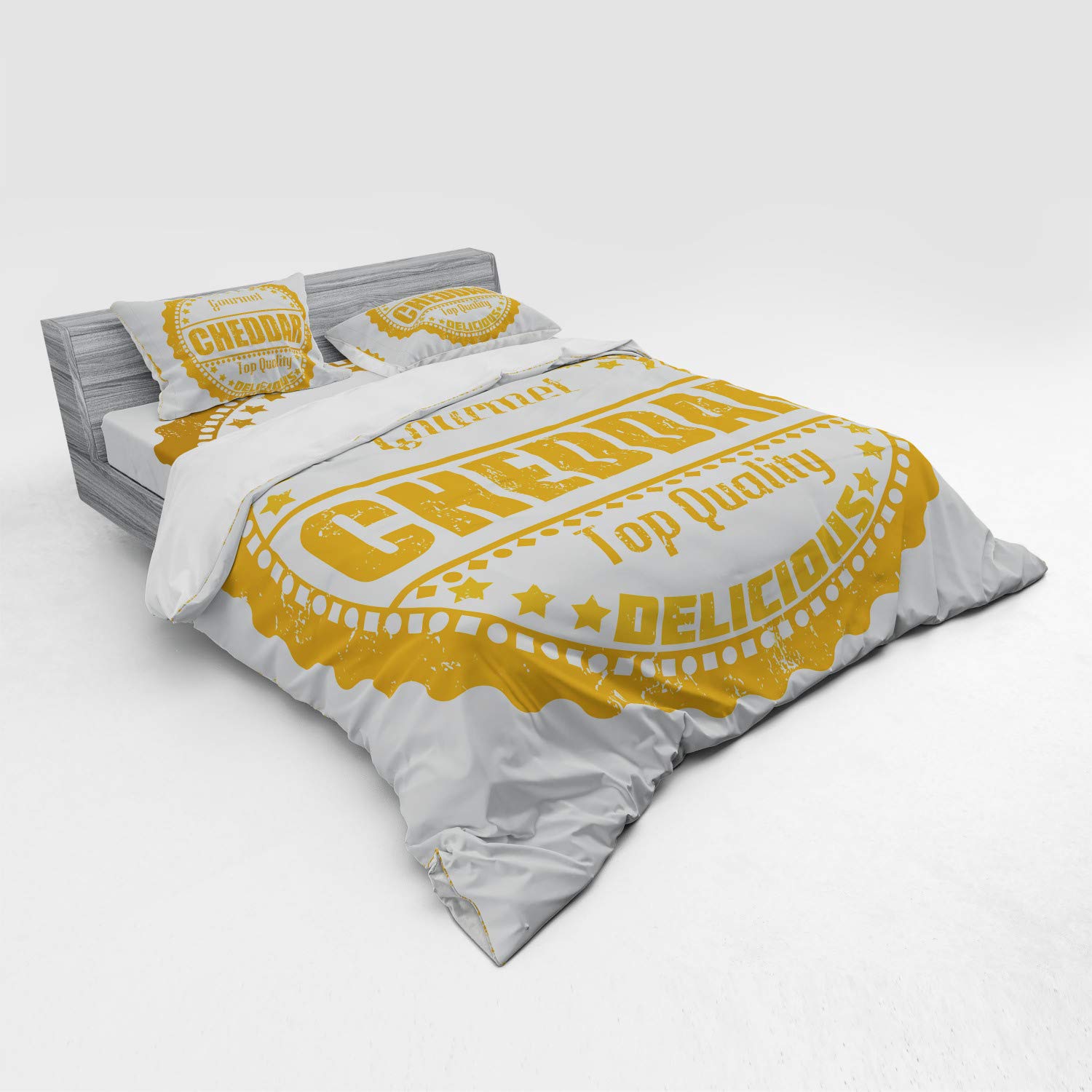 Ambesonne Cheese Duvet Cover Set - 4 Piece King Size Bedding with Shams & Fitted Sheet - Yellow White Cheddar Graphic Design - Perfect for Cheese Lovers' Bedroom Decor & Themed Parties