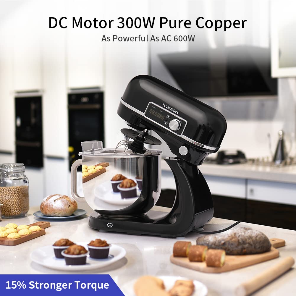 **6.3 Quart Stand Mixer with 300W DC Motor - 12 Speeds, Planetary Action, Digital Timer & Stainless Steel Bowl - Includes Dough Hook, Flat Beater, Whisk & Splash Guard (Black) - Perfect for Baking Bread, Cakes, Cookies & More**