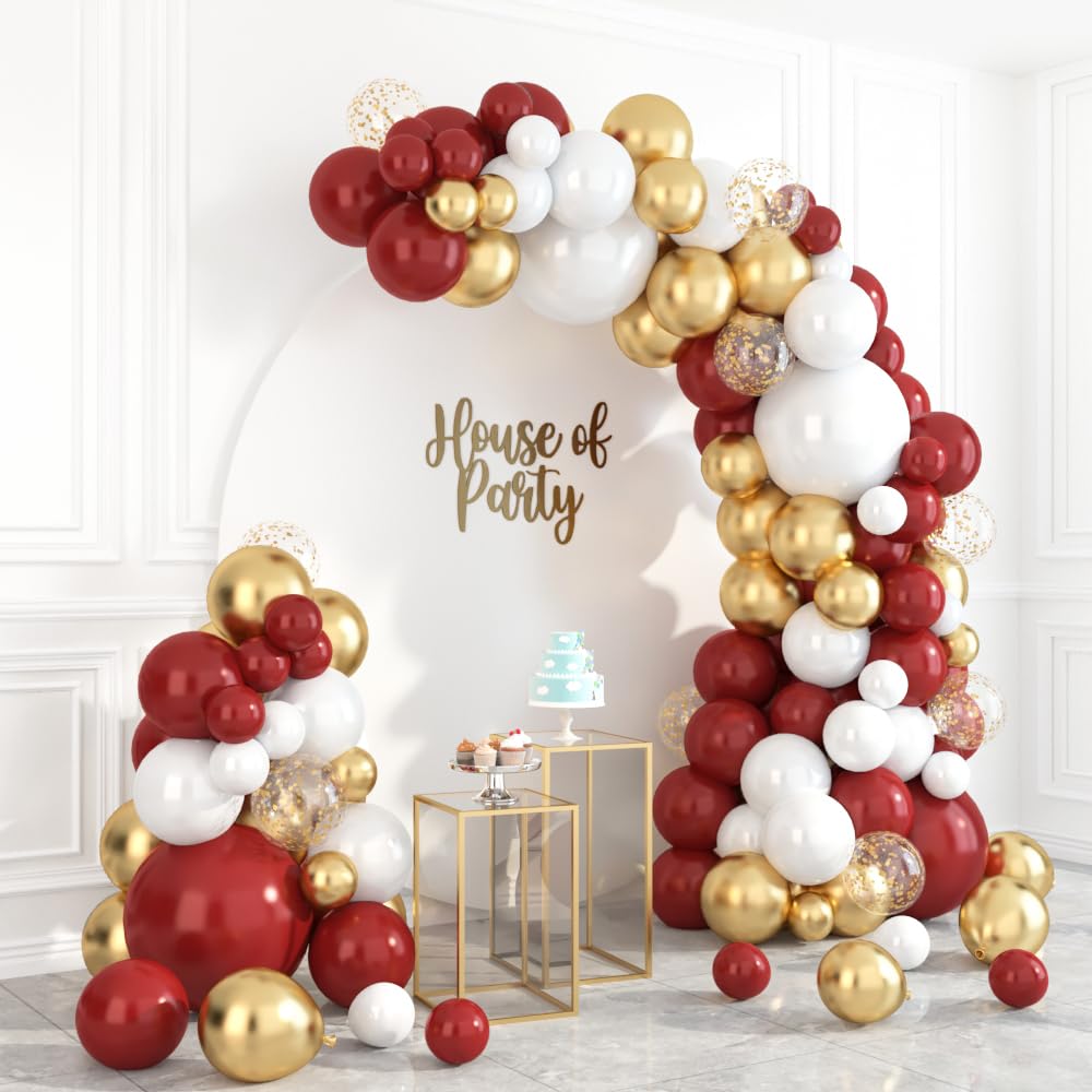 HOUSE OF PARTY Red & Gold Balloon Garland Kit - 50pcs Premium Balloons with Gold Confetti for Weddings, Anniversaries, Valentine's Day | Elegant Party Decorations for Birthday, Bridal Shower & Holiday Celebrations