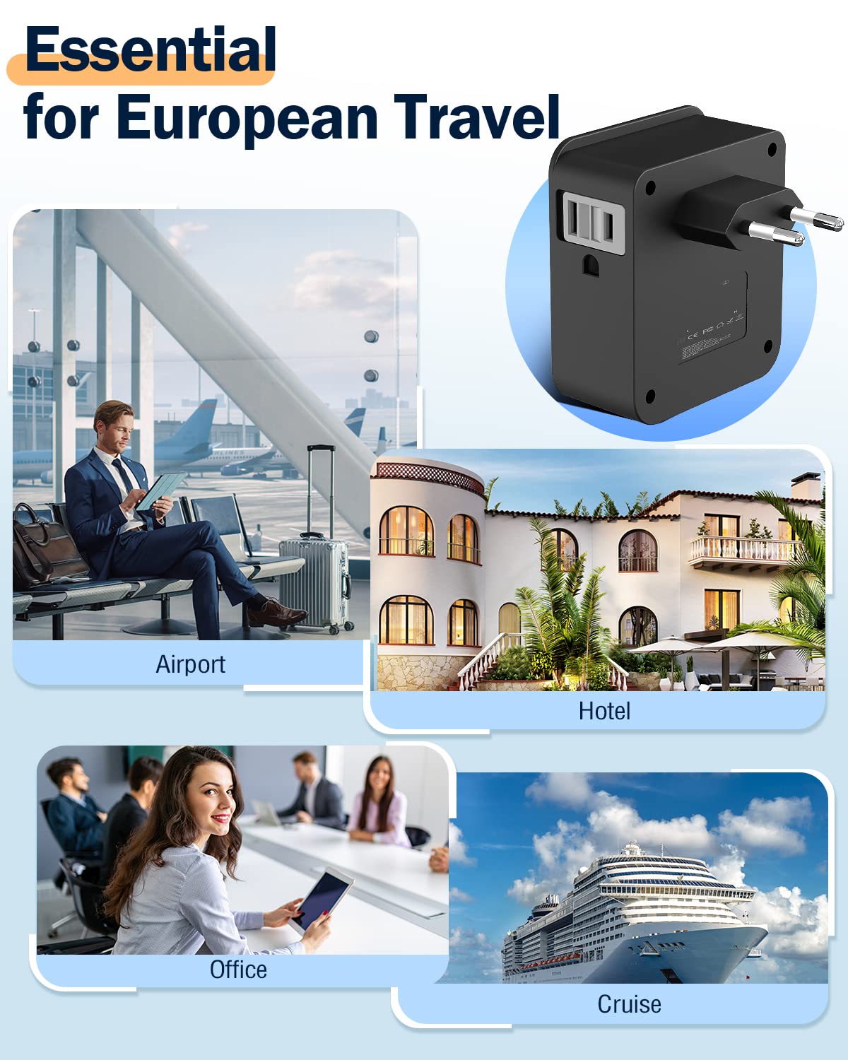 Universal Travel Plug Adapter for Europe (Excluding UK) - 20W PD USB-C & QC 3.0 Fast Charger Compatible with iPhone, iPad - 2500W Power Converter with 3 US Outlets - Perfect for Business Trips, Vacations & International Travel Accessories