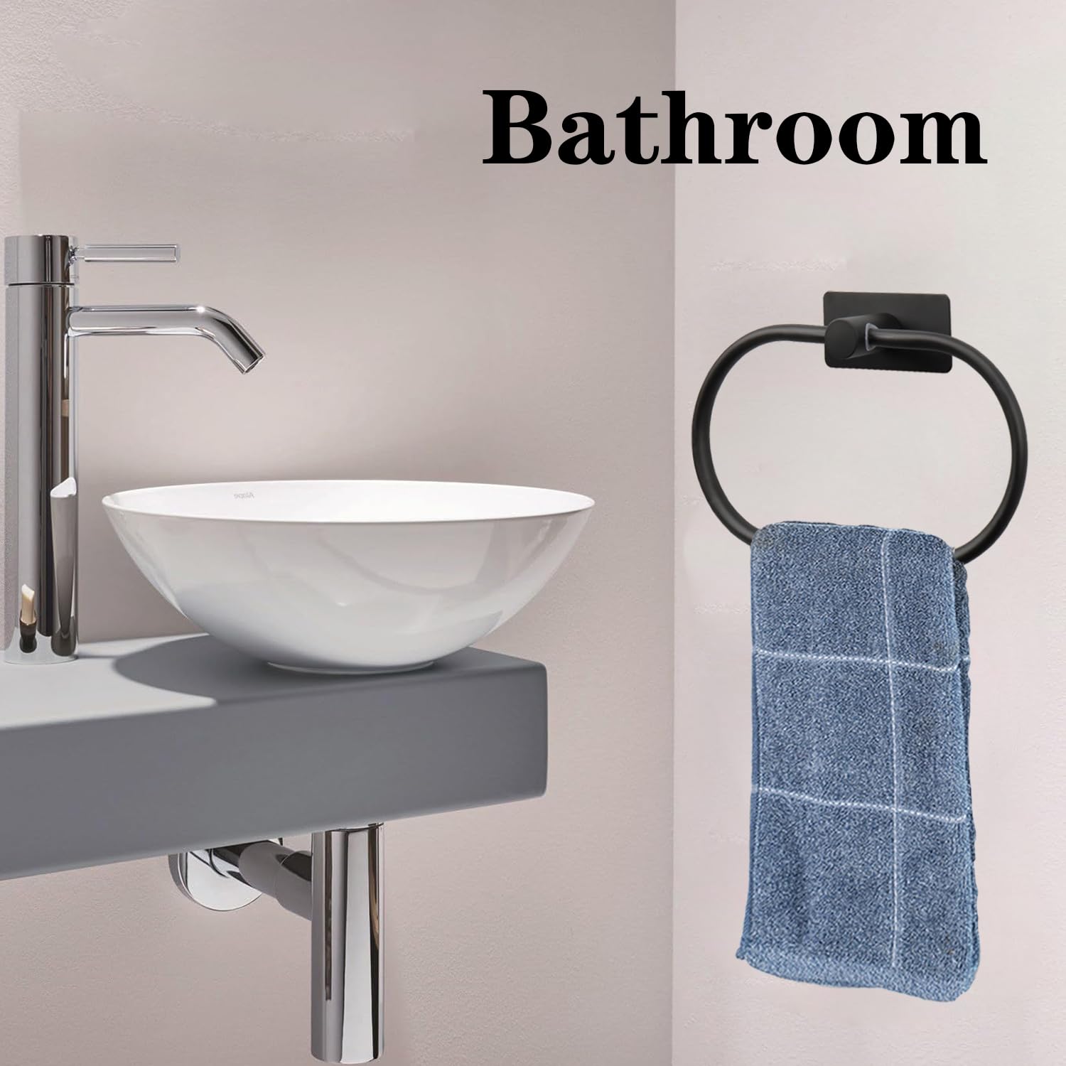 Stick-On Oval Towel Ring - No Drill Self Adhesive Hand Towel Holder - Thick 304 Stainless Steel Bathroom & Kitchen Towel Hanger - Matte Black - Perfect for Small Spaces & Rental Homes