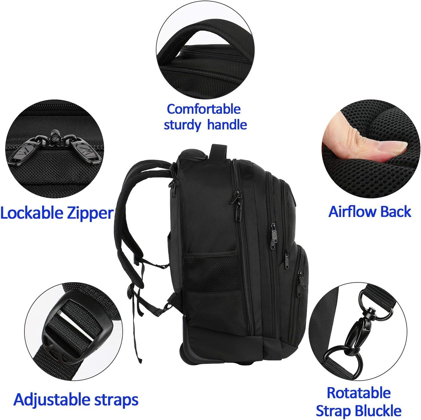 Matein 18-Inch Wheeled Travel Backpack - TSA Approved Carry-On Laptop Backpack with USB Charging Port for Business, College & Air Travel - Black | Perfect for Commuting, Work Trips & Campus Life