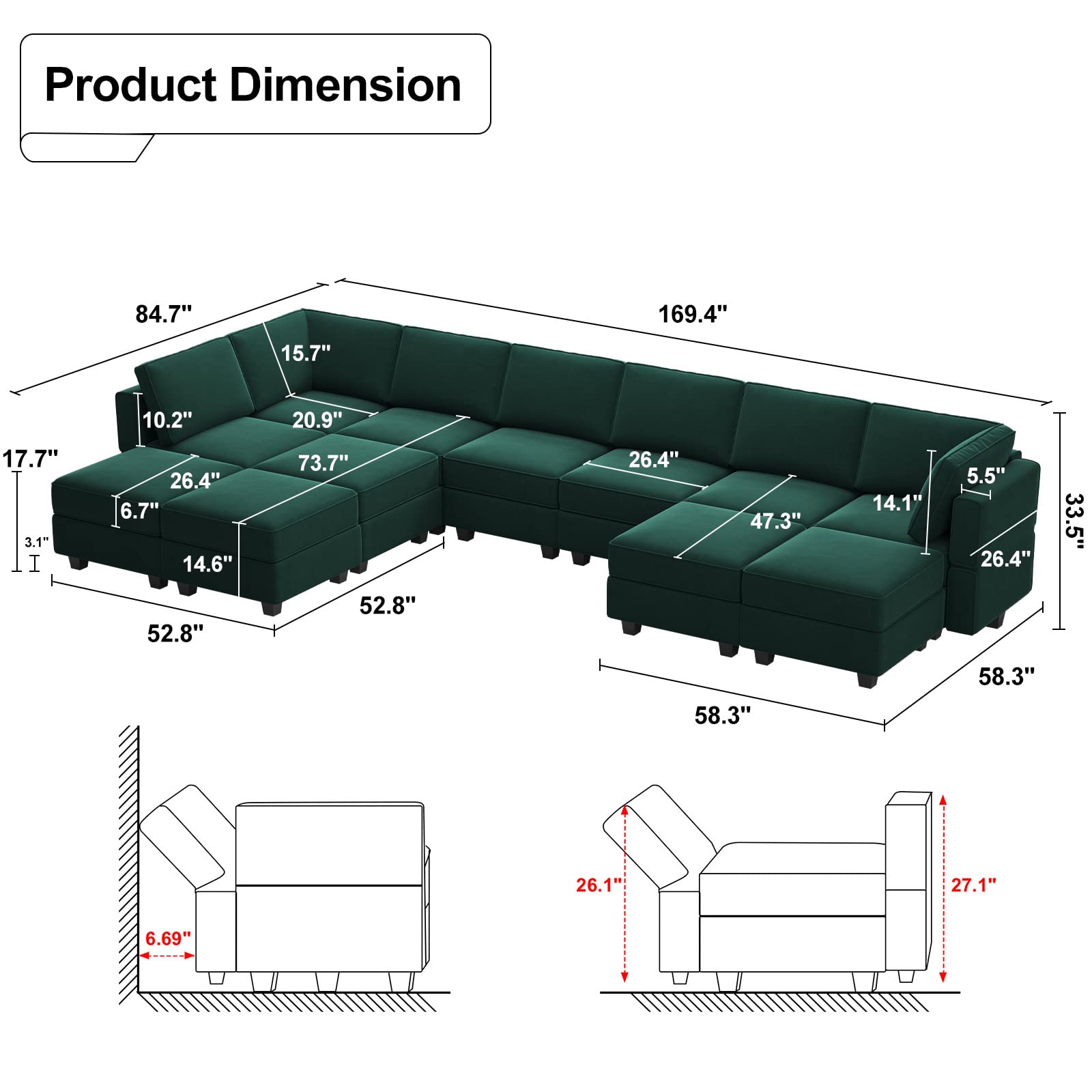 Belffin Oversized U-Shaped Modular Sectional Sofa with Reversible Double Chaises - Velvet Storage Sleeper Sofa in Green | Perfect for Large Living Rooms, Home Theaters & Family Gatherings