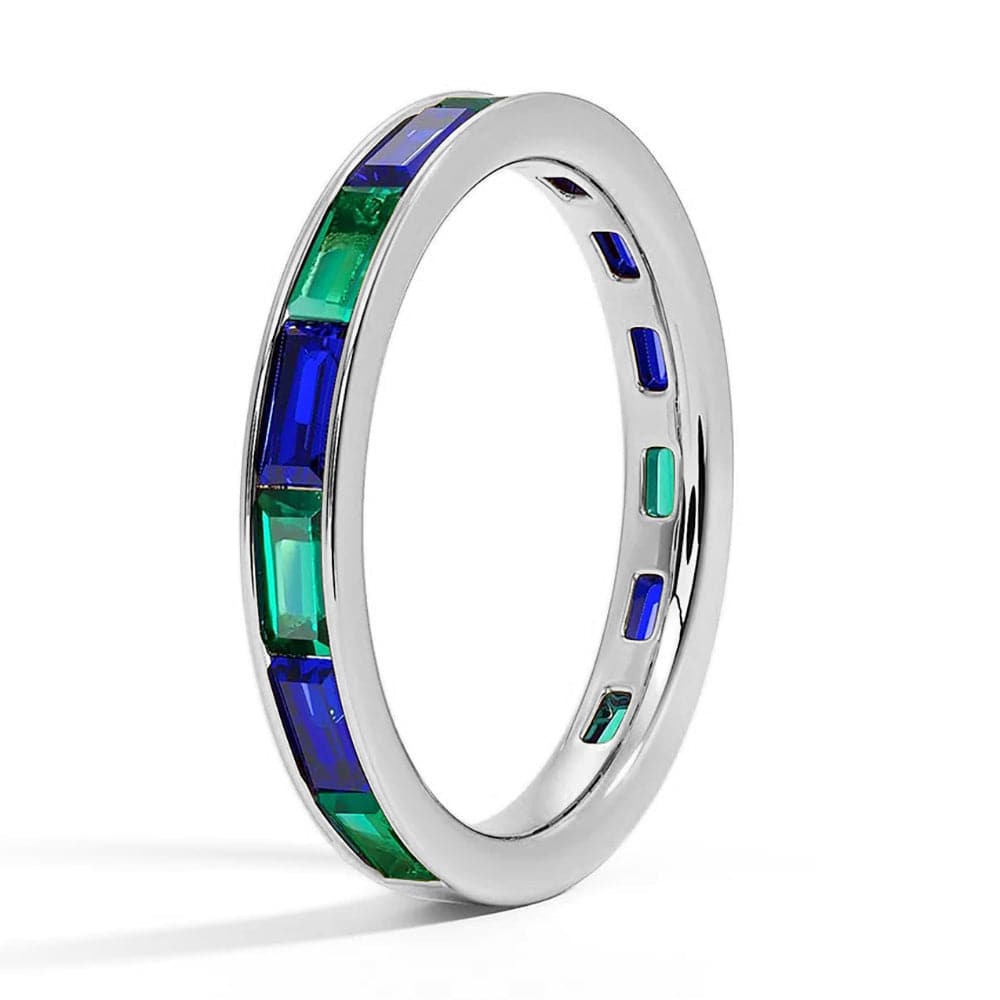 Lab-Created Sapphire & Emerald Channel Set Baguette Promise Ring - Elegant Stackable Band for Engagement, Wedding, Anniversary & Everyday Wear