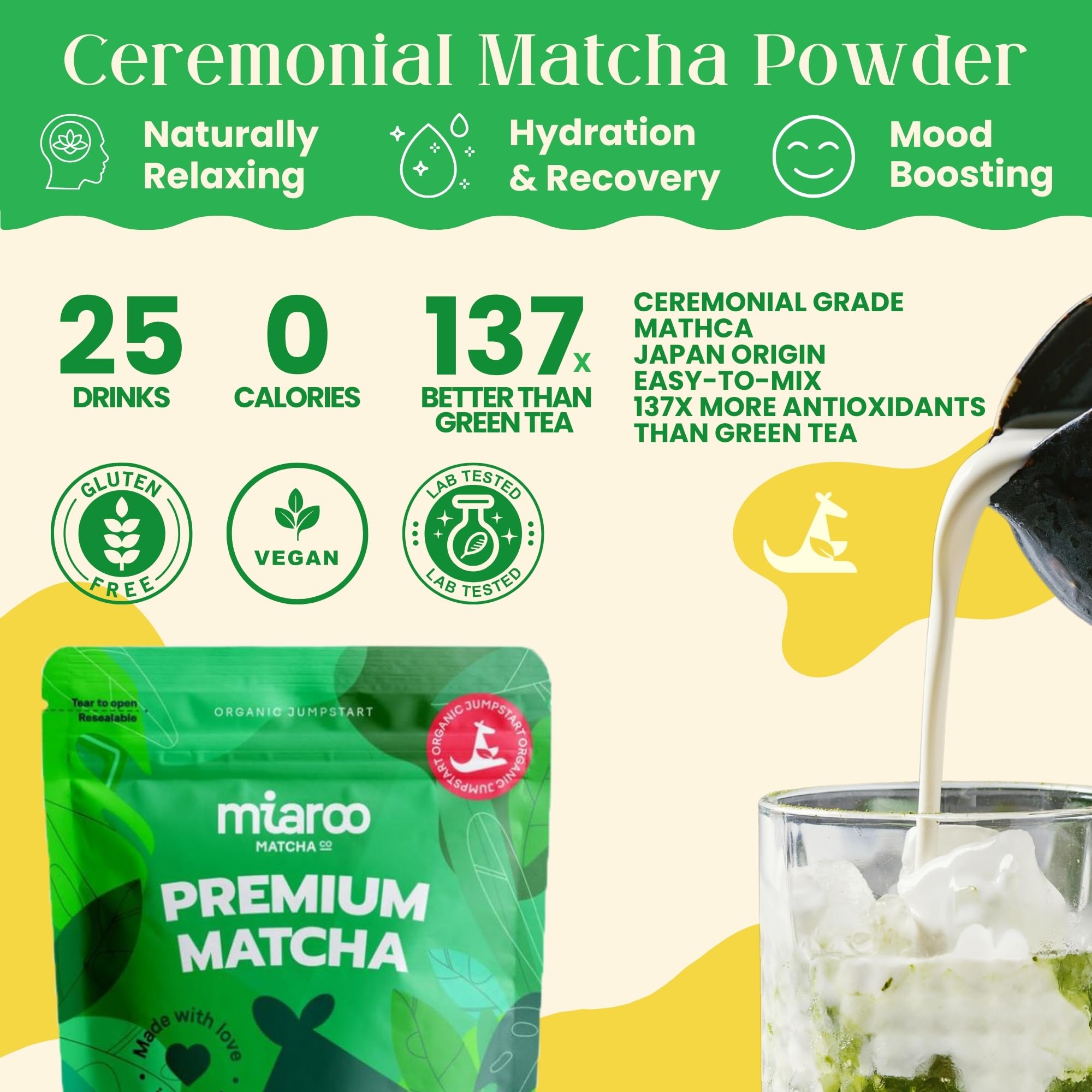 Premium Japanese Ceremonial Grade Matcha Green Tea Powder - 50g (25 Servings) | 70mg Caffeine for Natural Energy & Focus | Organic, No Jitters or Crash | Ideal for Lattes, Smoothies, Baking & Detox Drinks | Perfect Morning Boost, Afternoon Pick-Me-Up & Meditation Companion | Miaroo