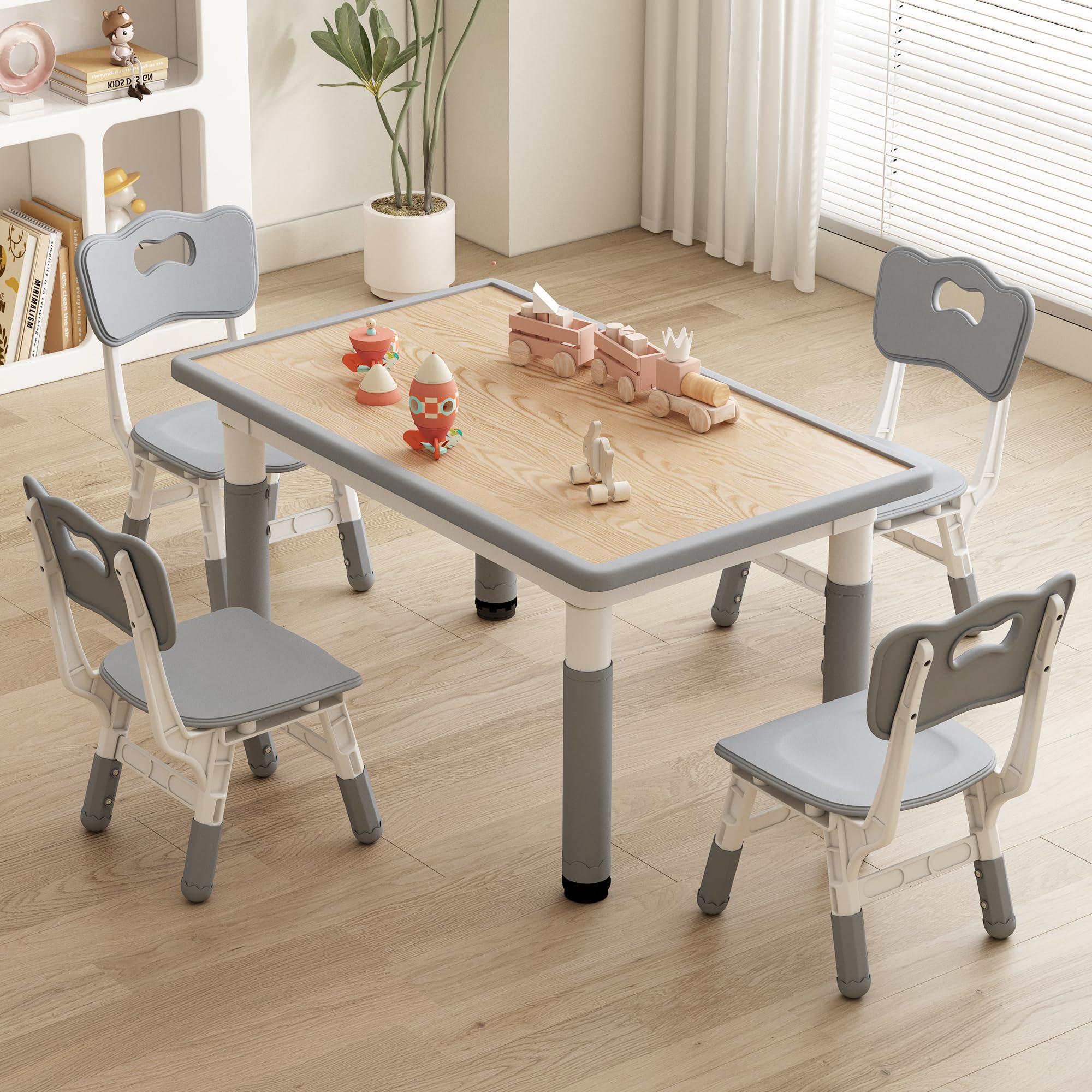 Adjustable Kids Table and Chair Set for Toddlers Age 2-10 - 4-Piece Height-Adjustable Children's Desk with Study Tabletop - Perfect for Daycare, Preschool & Home Learning (Grey)