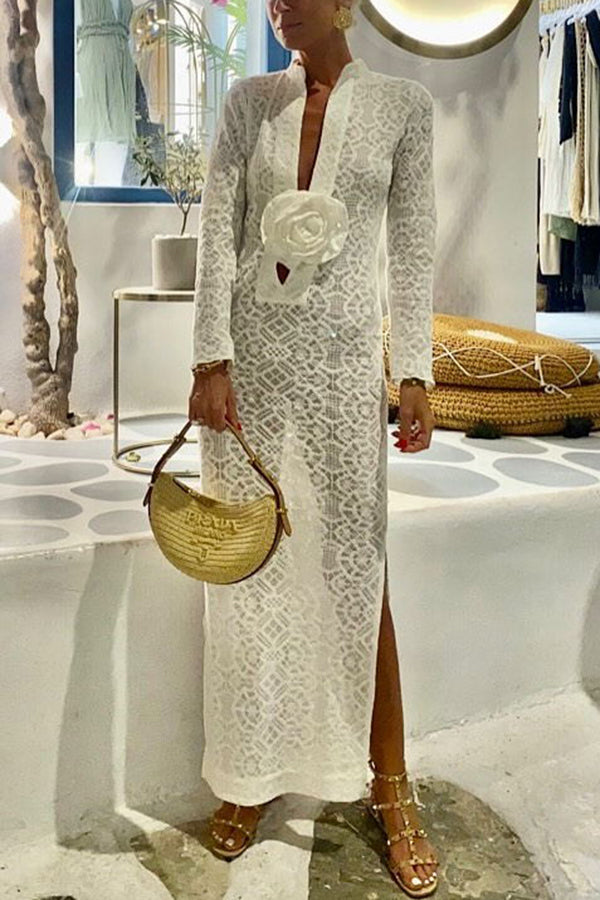 Spanish Breeze Lace Deep V Neck Long Sleeve Maxi Dress with Removable Flowers & High Slit - Perfect for Beach Vacations, Summer Weddings & Boho Photoshoots