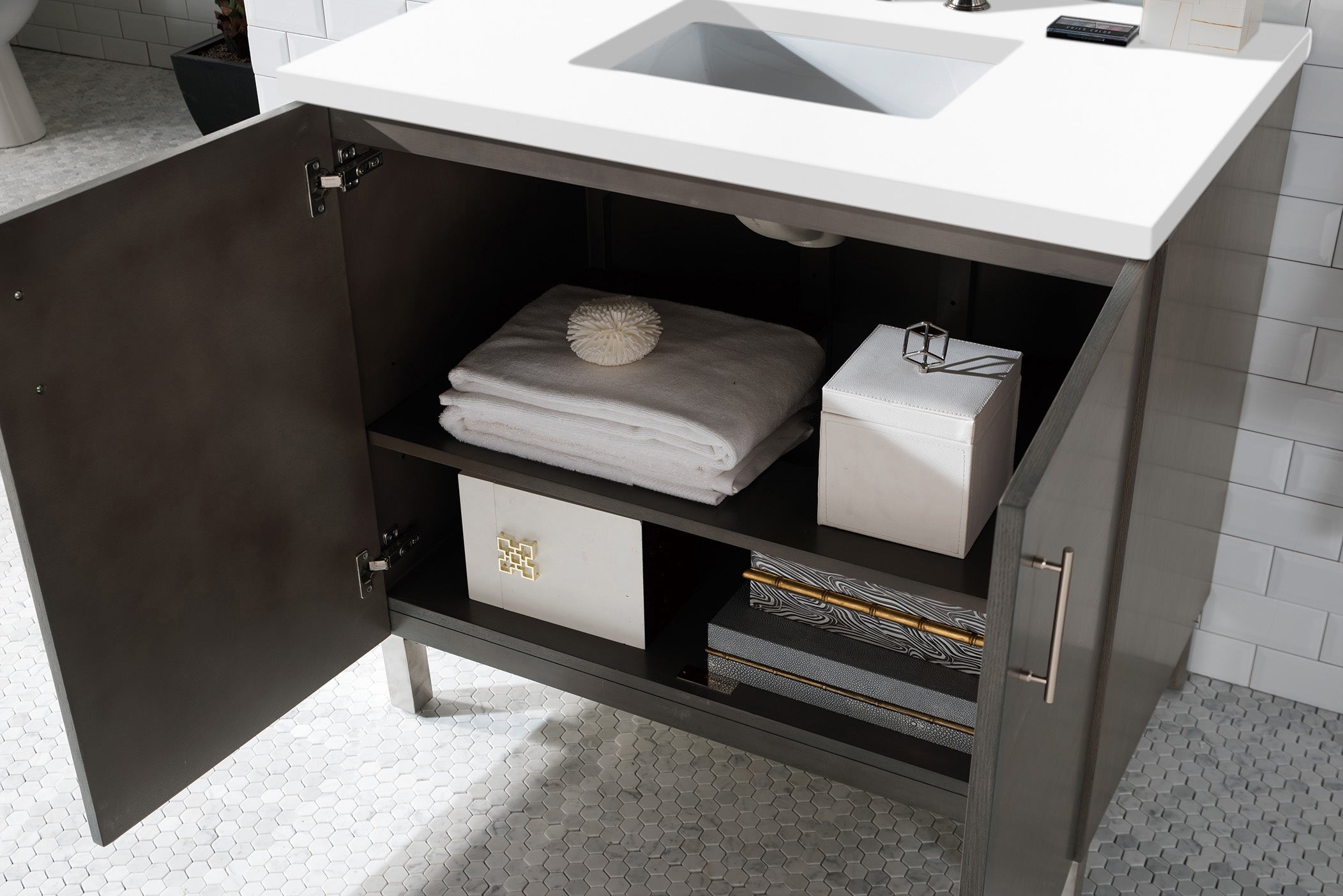 Metropolitan 36 Inch Single Bathroom Vanity with White Zeus Quartz Top in Silver Oak - Perfect for Modern Master Bathrooms and Powder Rooms