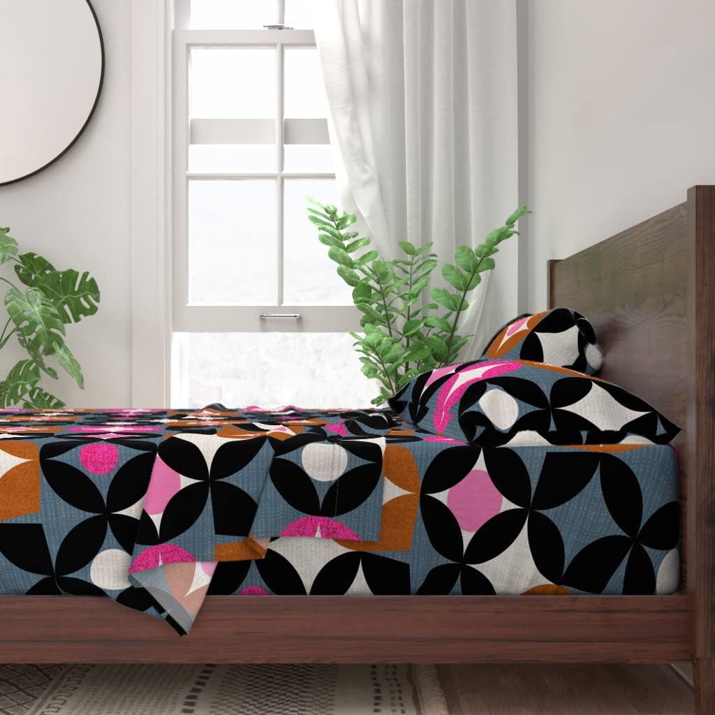 100% Cotton Twin Sheet Set 3pc - Mid Century Modern Circles Retro Design in Pink, Black & Grey | Soft Breathable Bedding for Home, Dorm & Guest Room