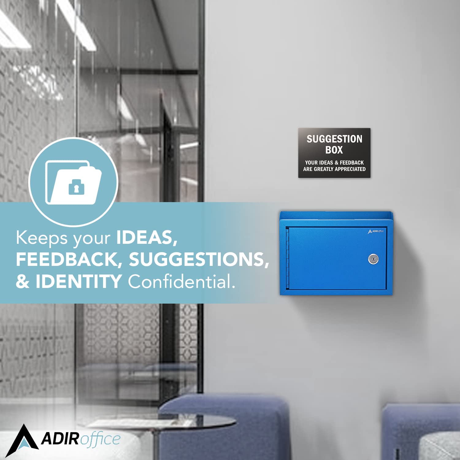 Adir Corp Locking Suggestion Box with Slot - 9.8x7.5x3.4 Inch Wall Mount Metal Deposit Box for Cash, Donations & Feedback - Secure Drop Box for Offices, Retail Stores & Public Spaces (Blue)
