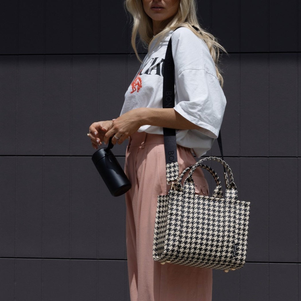 Micro Bon Vivant Structured Tote Bag - Black Houndstooth Pattern Handbag for Women | Stylish Work Bag, Travel Tote & Everyday Purse for Office, Shopping & Commute