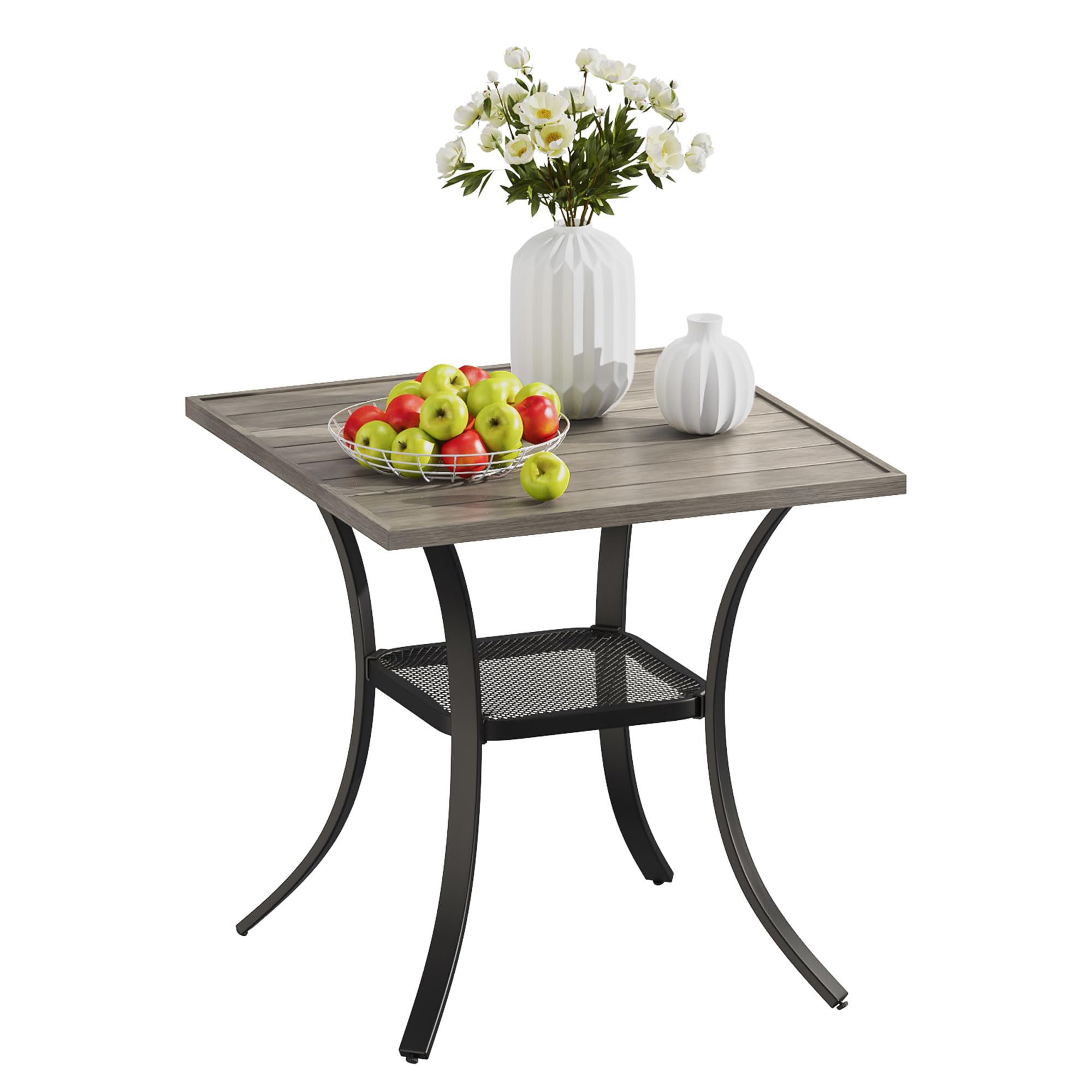 VICLLAX Small Square Metal Patio Dining Table for 2-4 People with Slatted Tabletop & Storage Shelf - Outdoor Garden, Front Porch, Lawn Furniture in Antique Grey (No Umbrella Hole) - Perfect for Backyard BBQs, Morning Coffee, and Small Space Dining