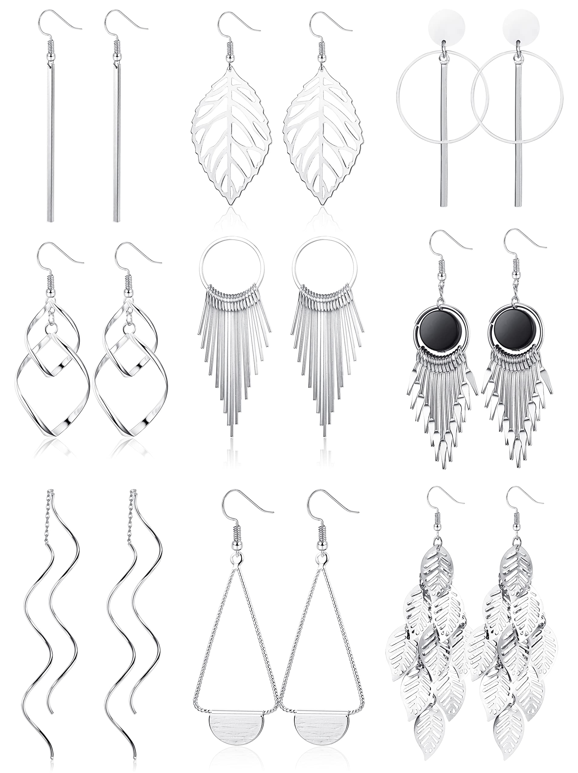 JeweBella 9 Pairs Hypoallergenic Stainless Steel Drop Dangle Earrings for Women - Boho Vintage Silver & Gold Wave Leaf Tassel Long Bar Earrings Set | Fashion Jewelry Gift for Parties, Weddings & Everyday Wear