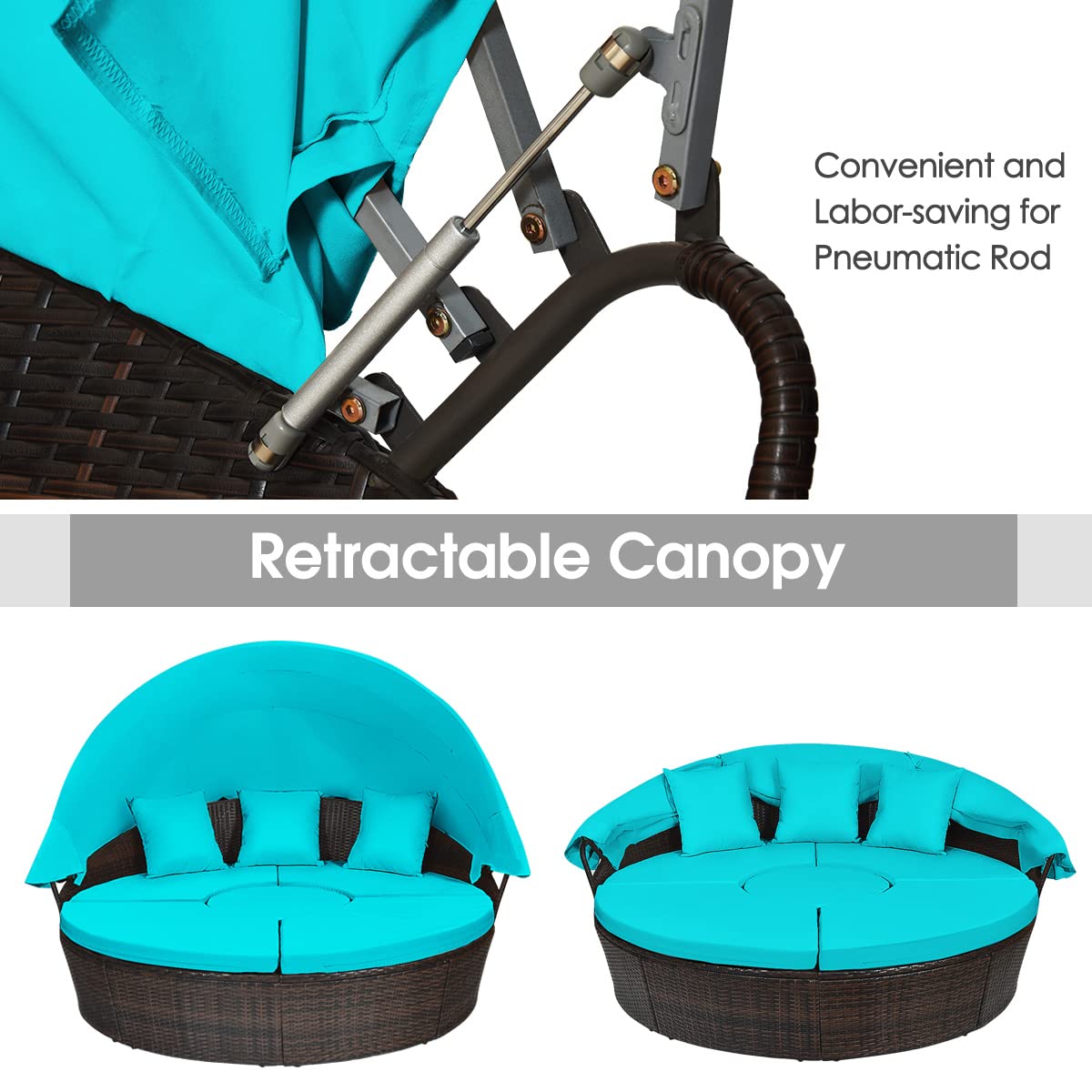 Tangkula Patio Round Daybed with Retractable Canopy - Outdoor Wicker Rattan Furniture Set with Cushioned Sectional Sofa & Adjustable Height Coffee Table - Turquoise Rattan Conversation Set for Garden, Poolside & Backyard Relaxation