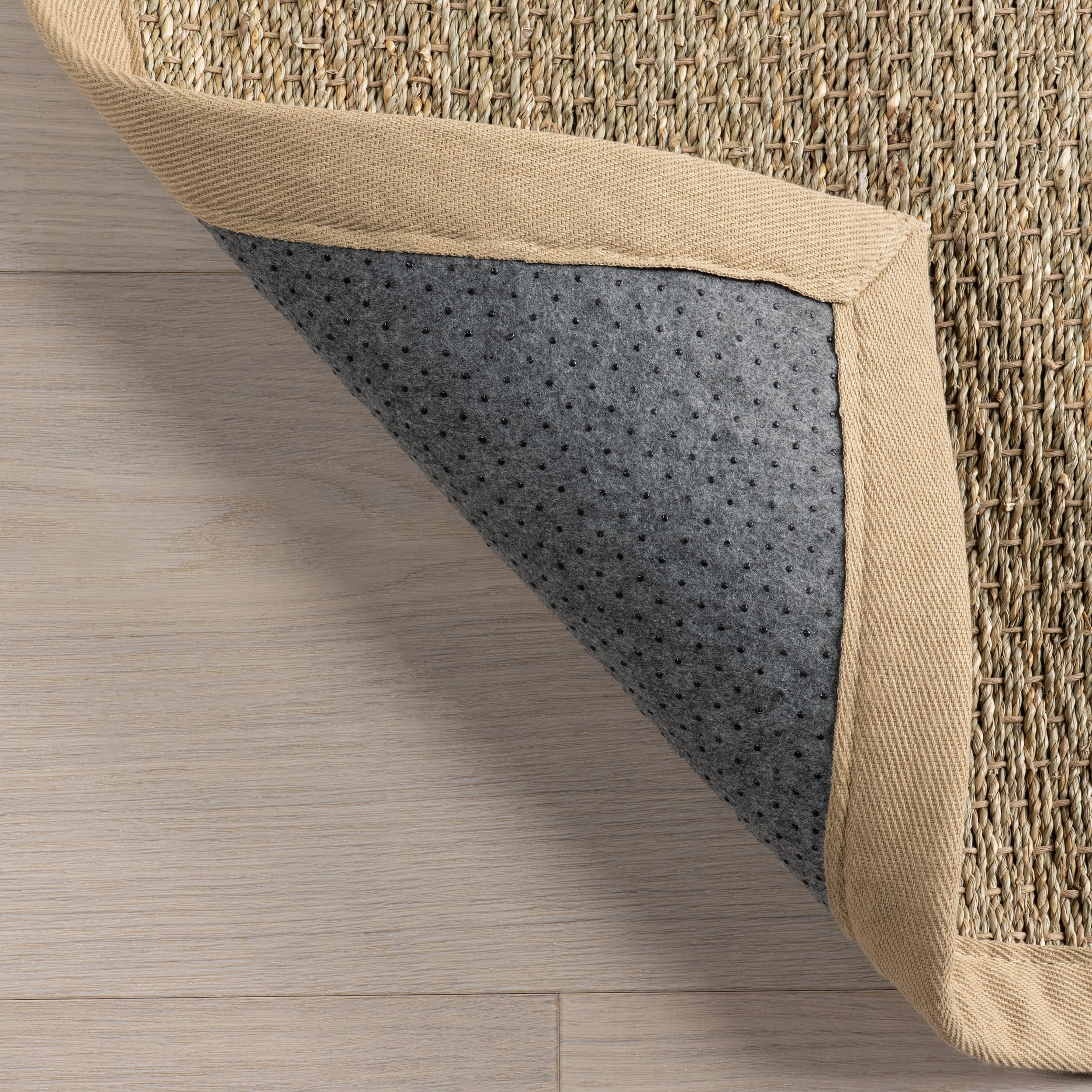 nuLOOM 8' Round Elijah Seagrass Area Rug - Beige Farmhouse Basketweave with Cotton Border | Natural Fiber Handwoven Rug for Bedroom, Living Room, Dining Room, Office, Hallway | Boho Chic Home Decor for Cozy Spaces & Entryways