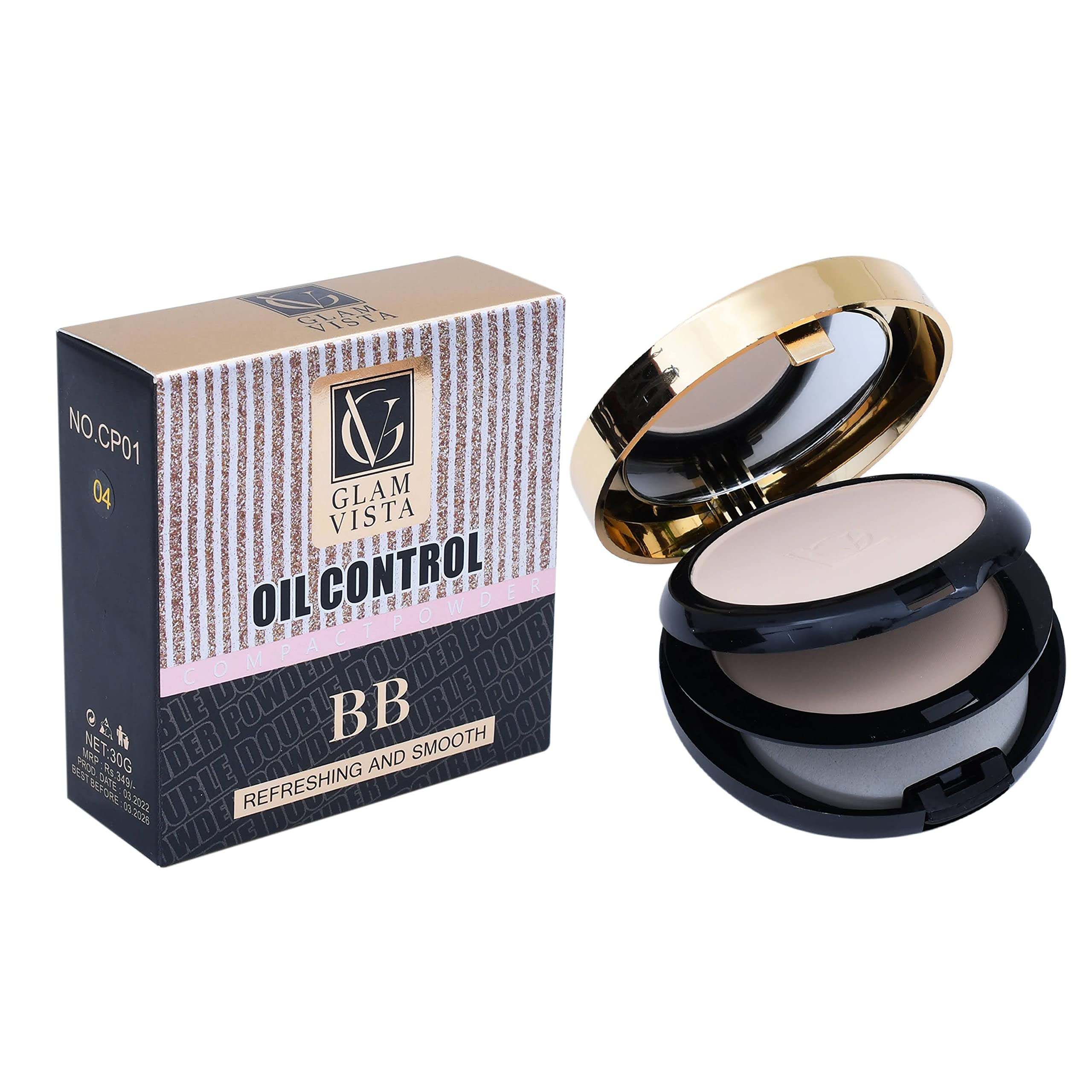 Glam Vista BB Refreshing & Smooth Oil Control Compact Powder (CP-02) - Matte Finish for Oily Skin, Long-Lasting Makeup for Daily Use & Touch-Ups