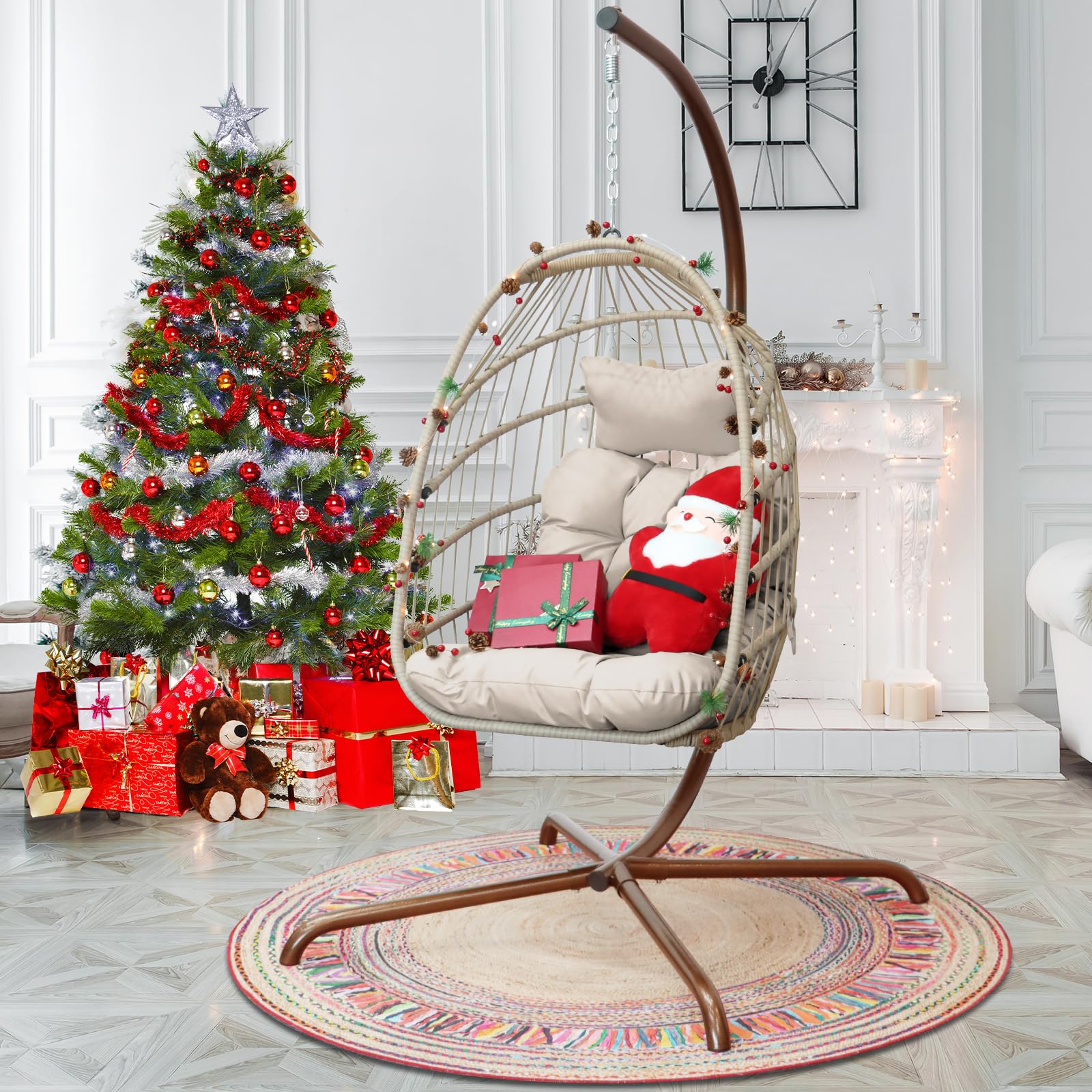 NICESOUL Indoor/Outdoor Wicker Hanging Egg Chair with Stand - 350lbs Capacity Patio Swing Hammock with Cushions & Cover - Sturdy Porch Swing for Backyard, Balcony, Garden (Beige) - Perfect for Relaxing, Reading & Lounging