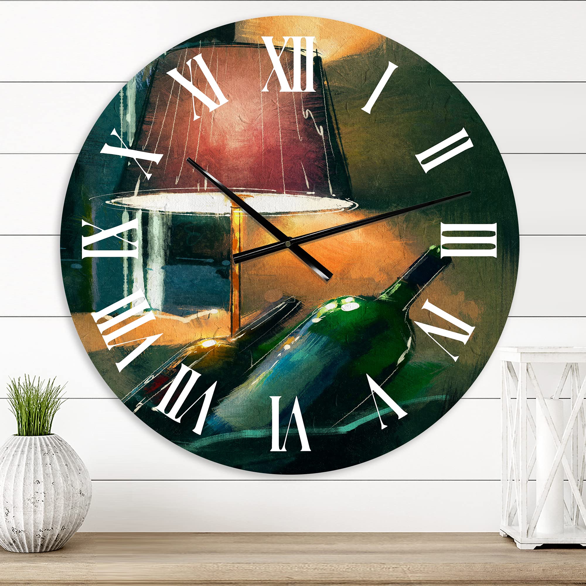 DesignQ Modern Wall Clock - Wine Bottles & Lamp Glowing Orange Night Scene - Large Decorative Wall Clock for Living Room, Kitchen, Bar - Perfect for Home, Office & Restaurant Decor